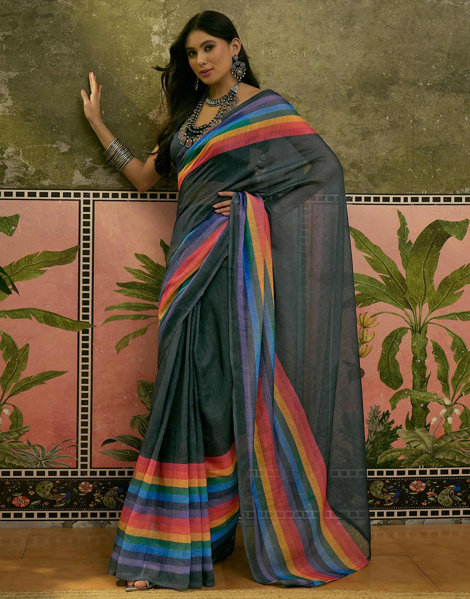 Ready To Wear Dark Grey Linen Cotton Printed Saree
