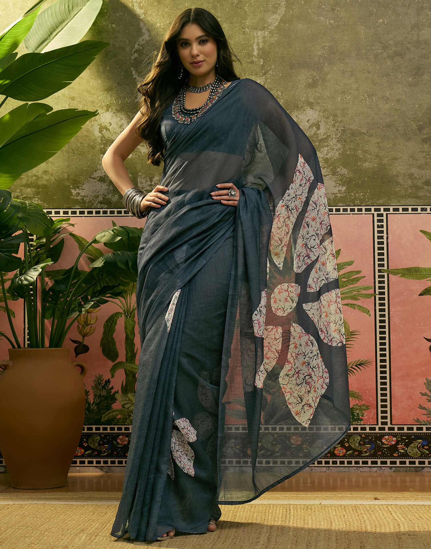 Ready To Wear Dusty Rama Blue Linen Cotton Printed Saree