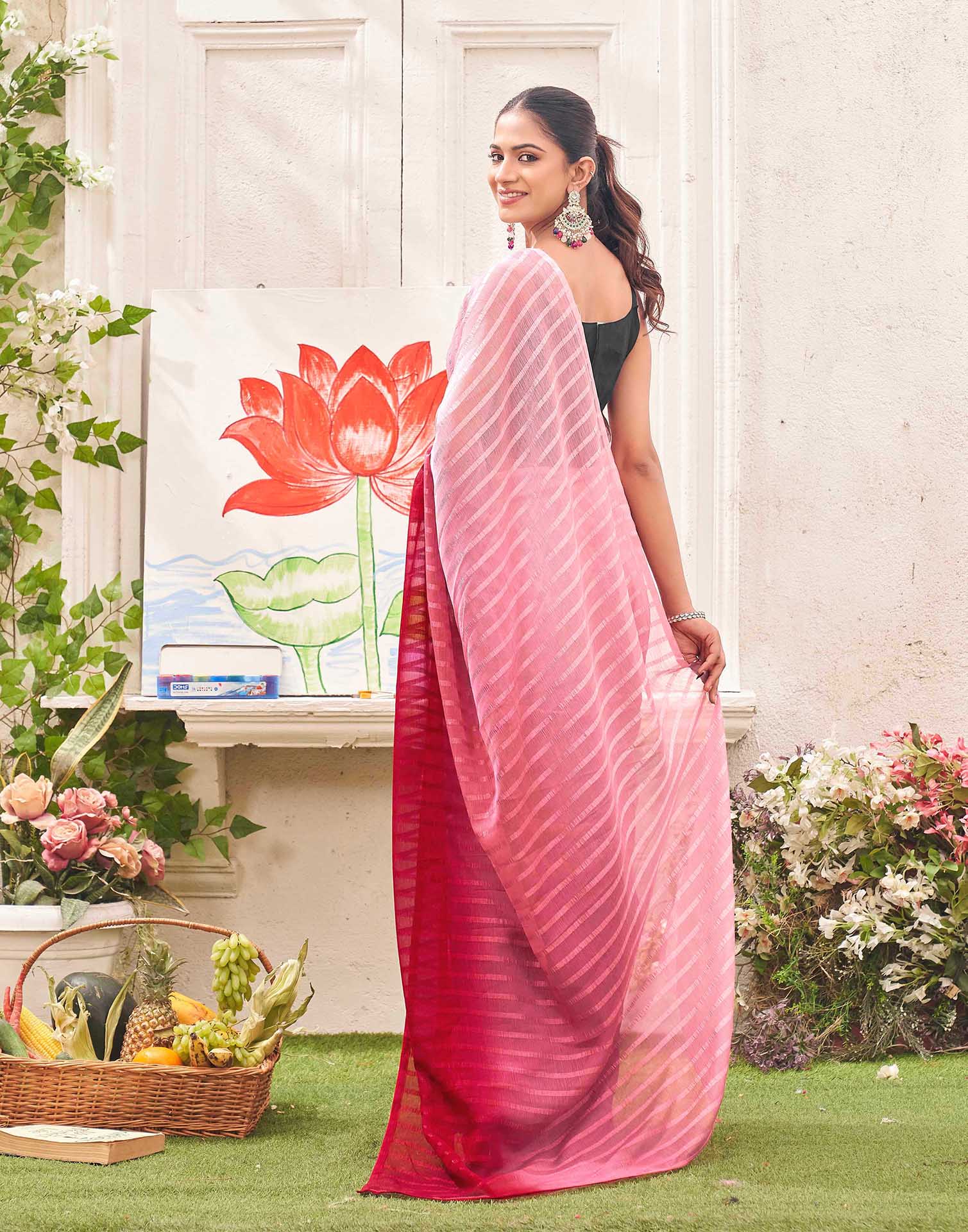 Ready To Wear Light Pink Chiffon Ombre Zari Stripe Saree