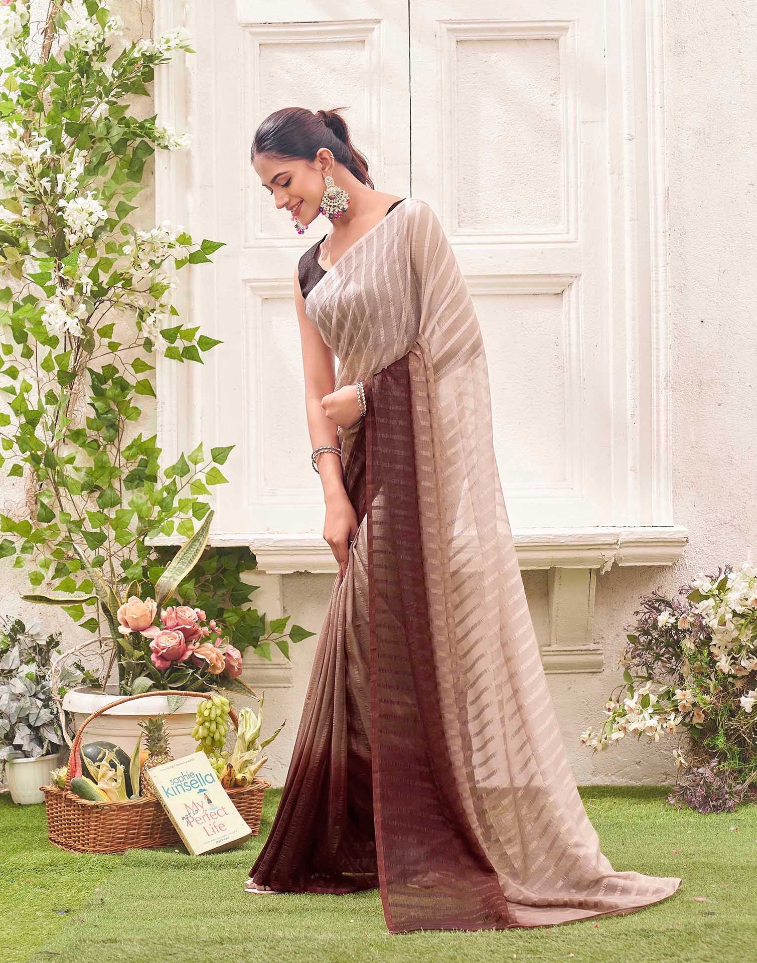 Ready To Wear Mauve Chiffon Ombre Zari Stripe Saree