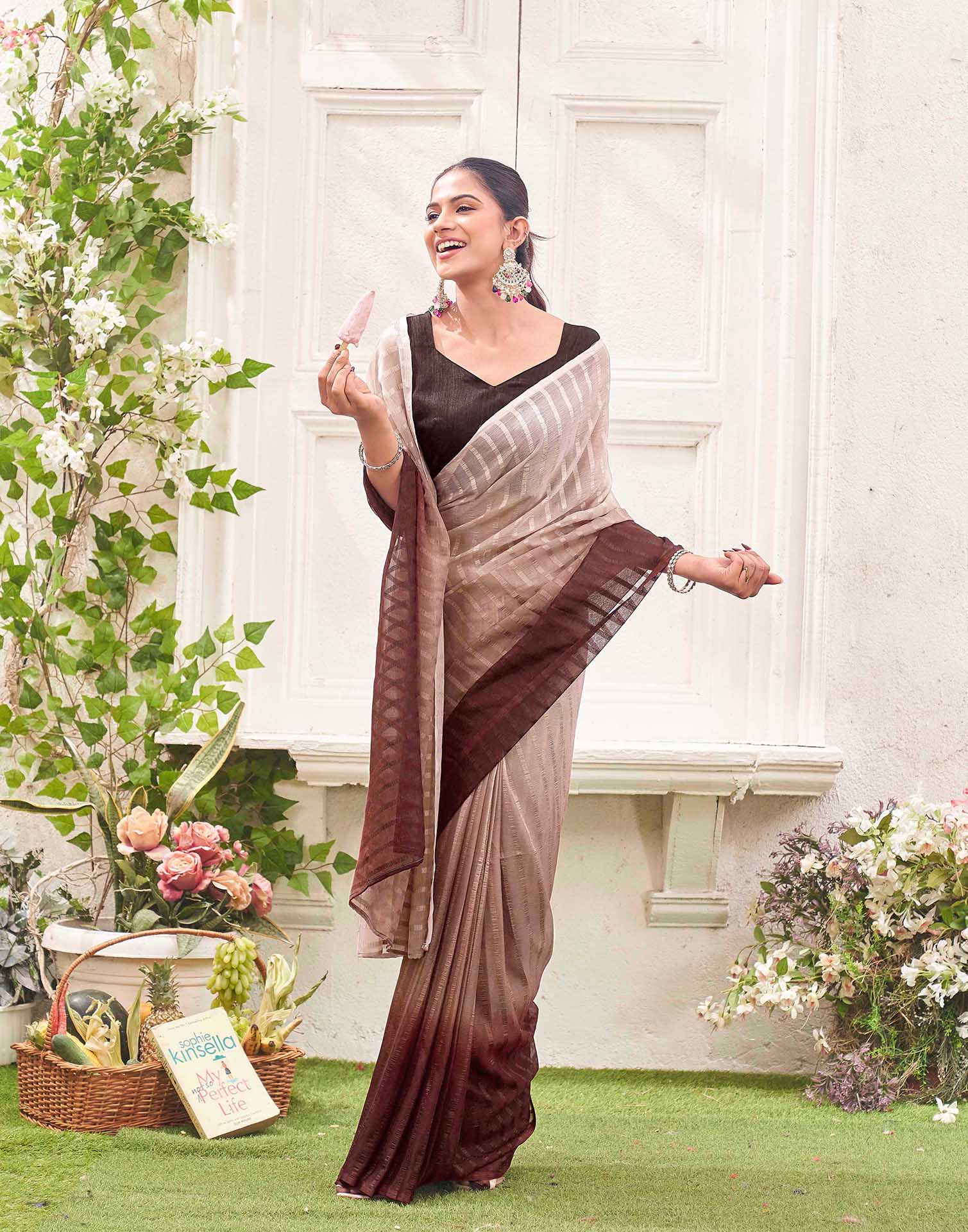 Ready To Wear Mauve Chiffon Ombre Zari Stripe Saree
