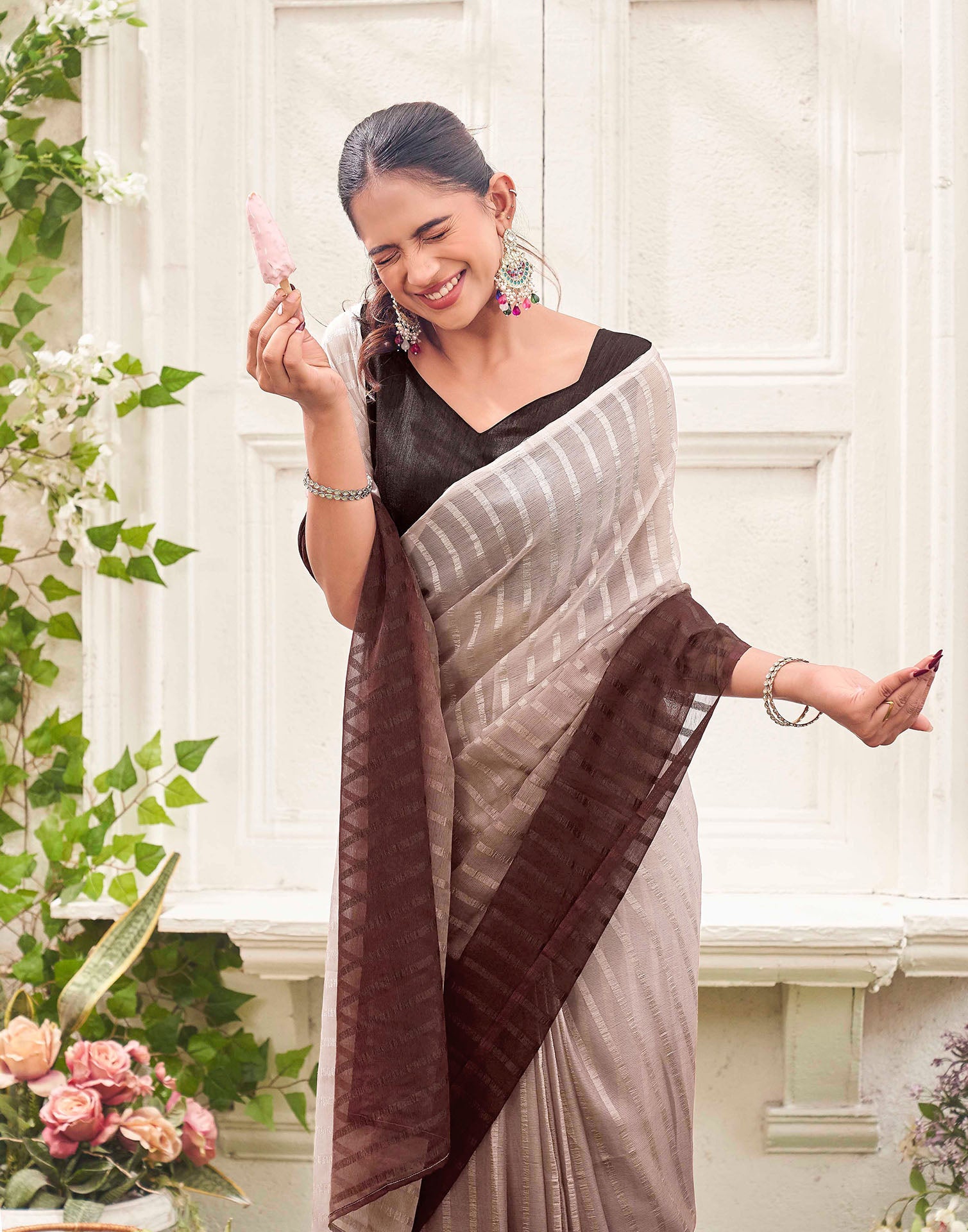 Ready To Wear Mauve Chiffon Ombre Zari Stripe Saree
