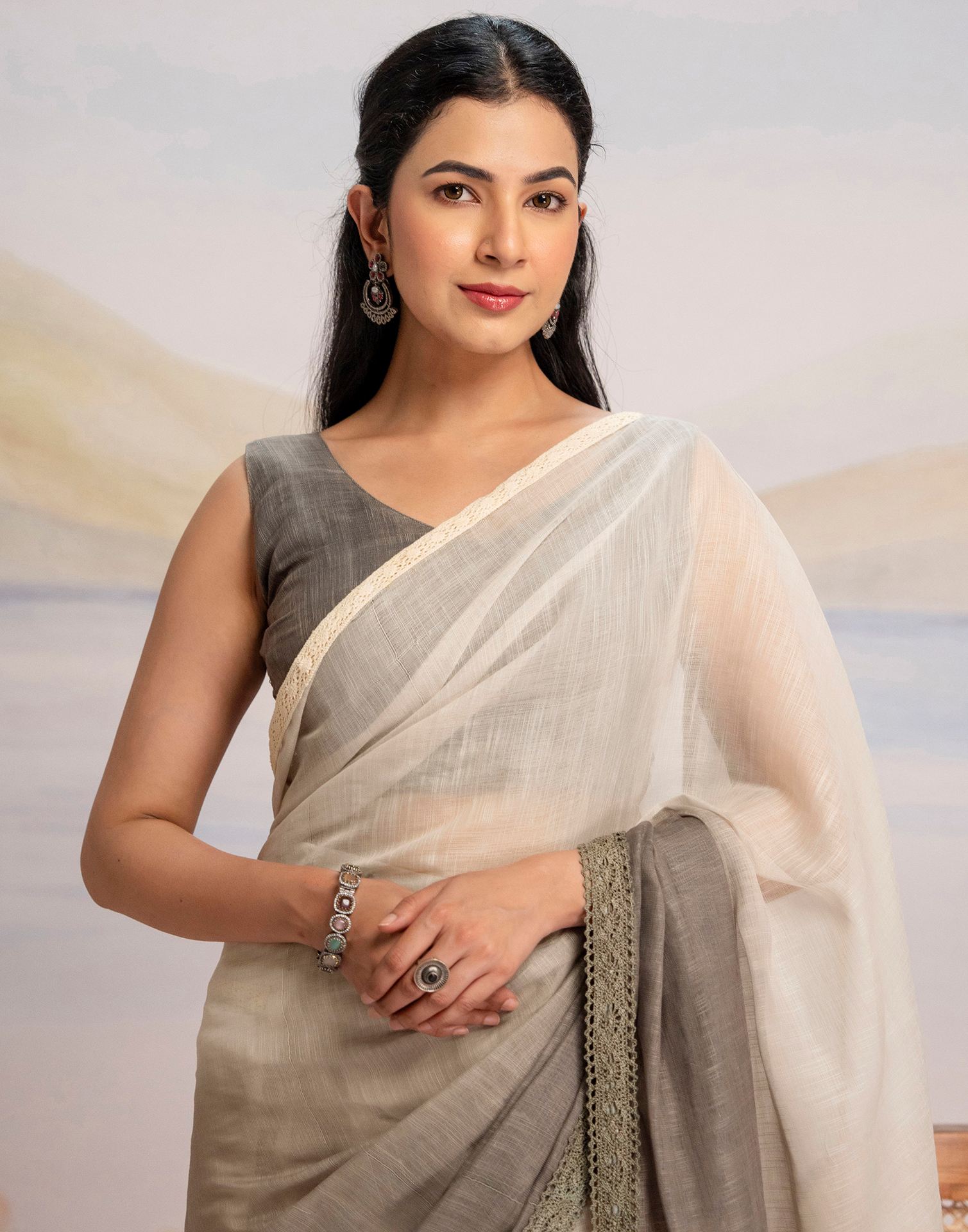 Ready To Wear Khaki Linen Ombre Lace Saree With Pocket