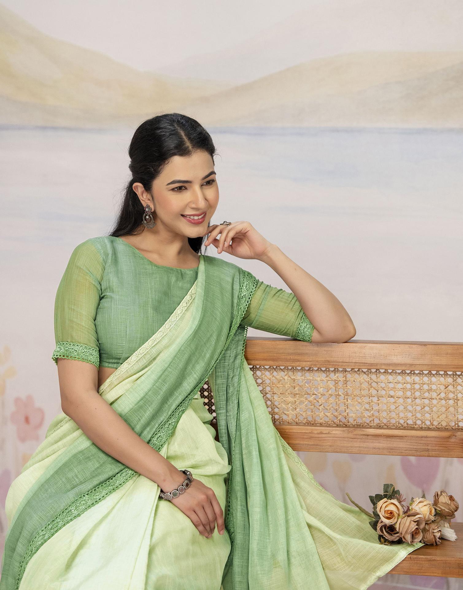 Ready To Wear Dark Pista Green Linen Ombre Lace Saree With Pocket