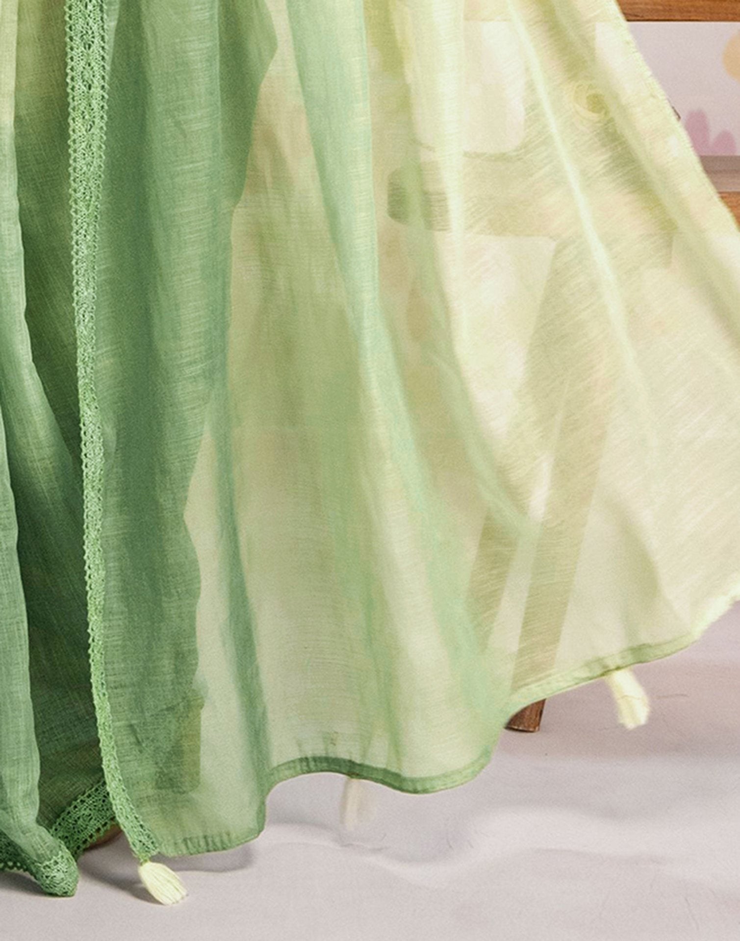 Ready To Wear Dark Pista Green Linen Ombre Lace Saree With Pocket