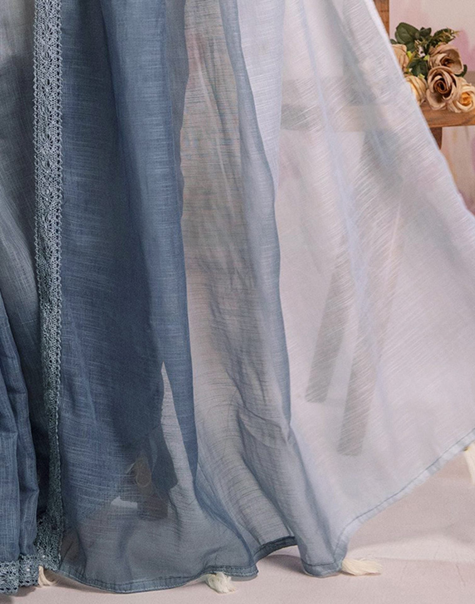 Ready To Wear Dark Grey Linen Ombre Lace Saree With Pocket