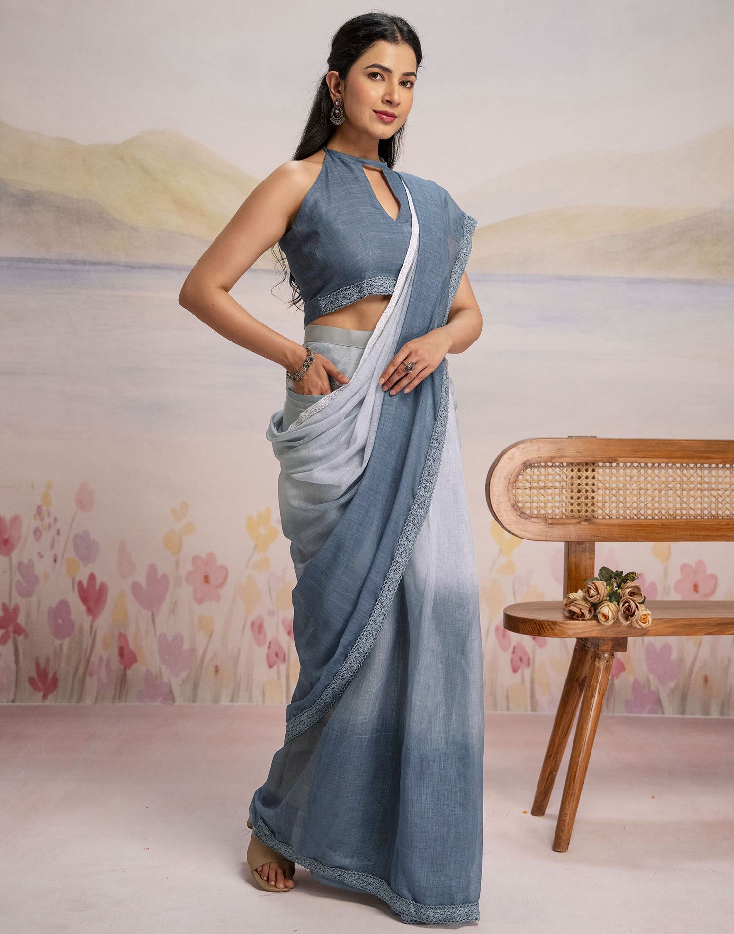 Ready To Wear Dark Grey Linen Ombre Lace Saree With Pocket