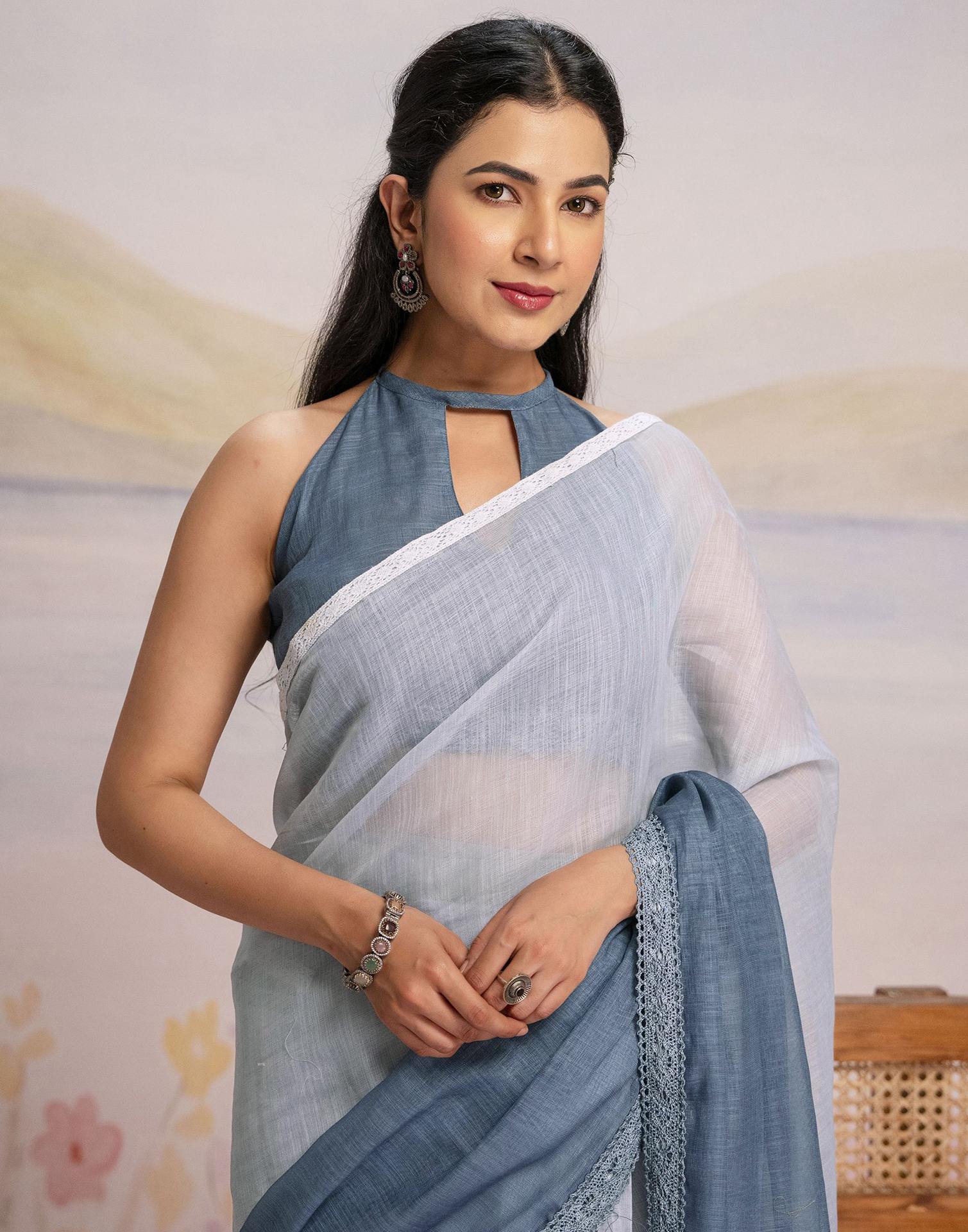 Ready To Wear Dark Grey Linen Ombre Lace Saree With Pocket