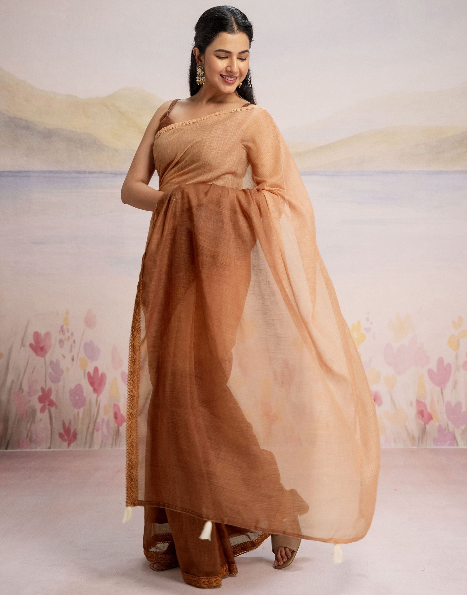 Ready To Wear Brown Linen Ombre Lace Saree With Pocket