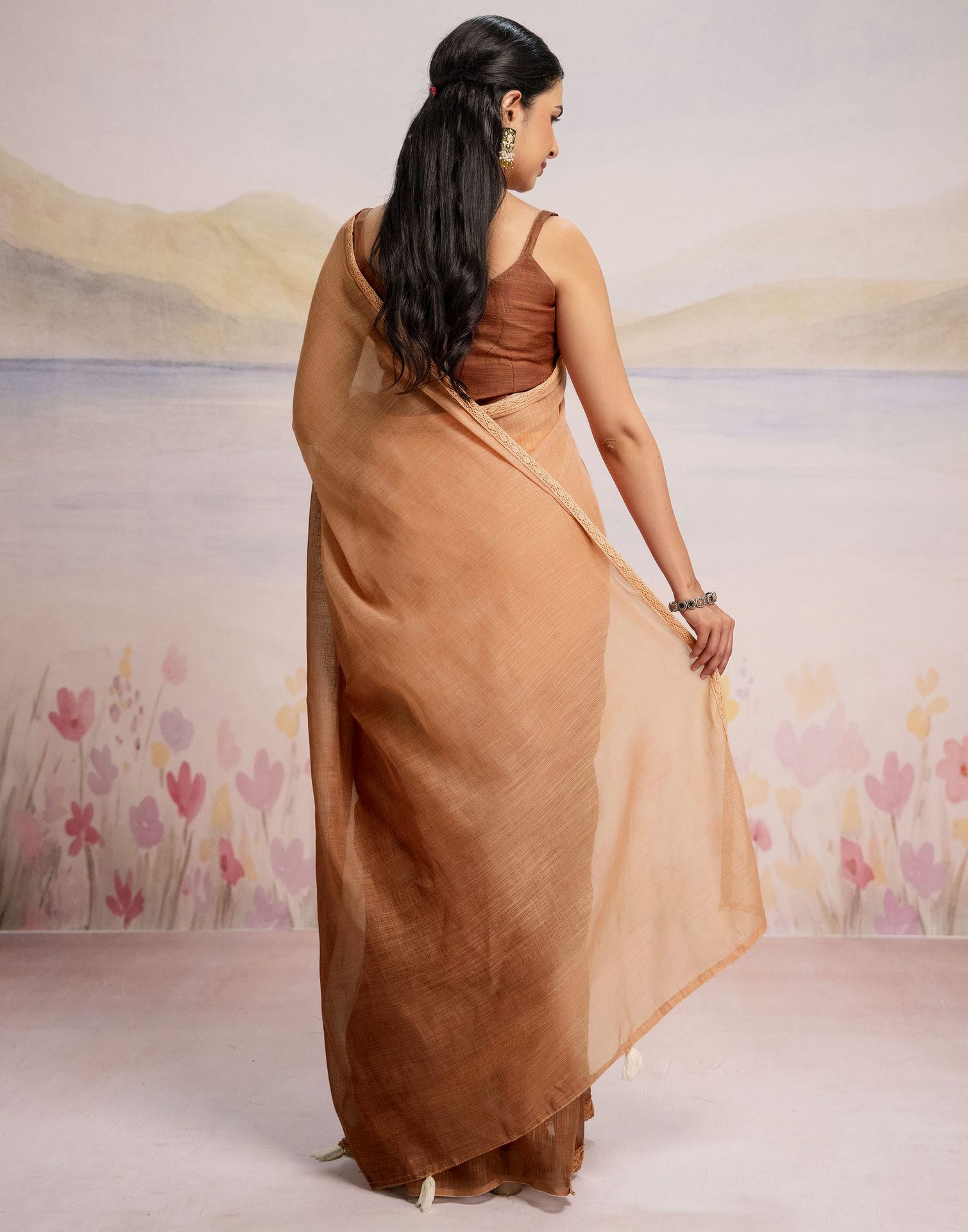 Ready To Wear Brown Linen Ombre Lace Saree With Pocket