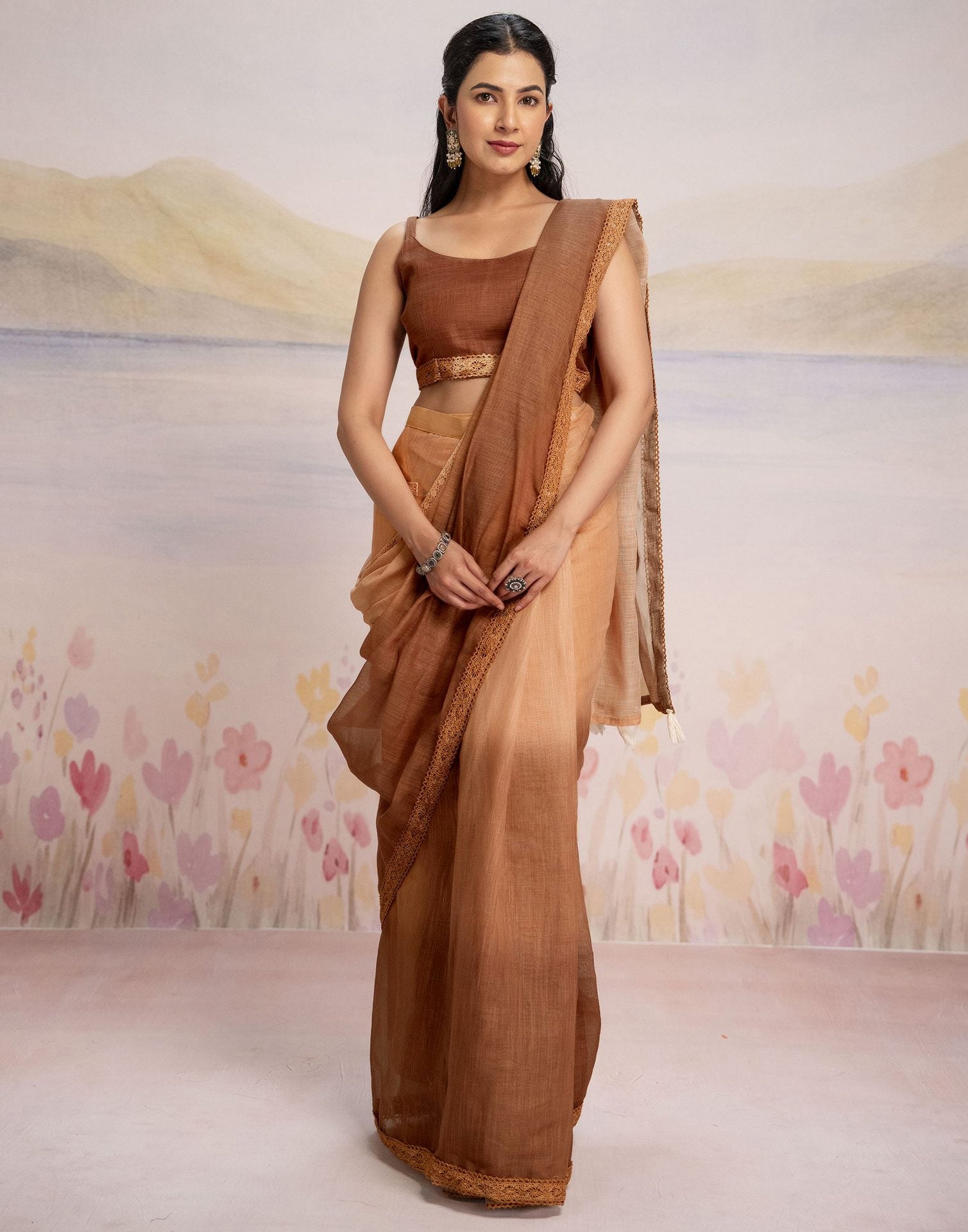 Ready To Wear Brown Linen Ombre Lace Saree With Pocket