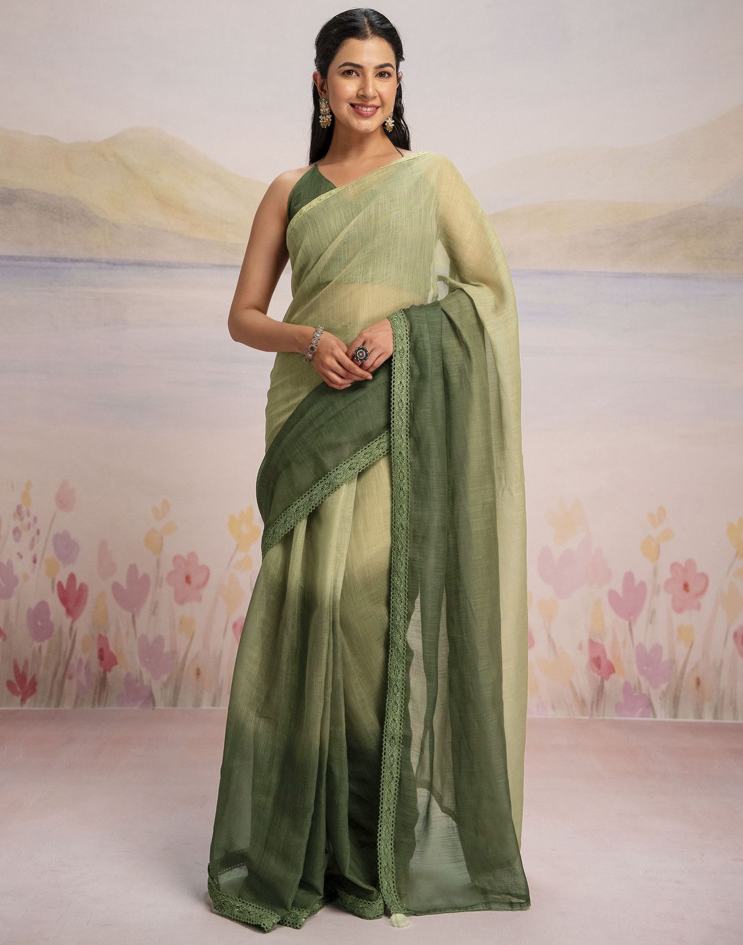 Ready To Wear Dark Green Linen Ombre Lace Saree With Pocket