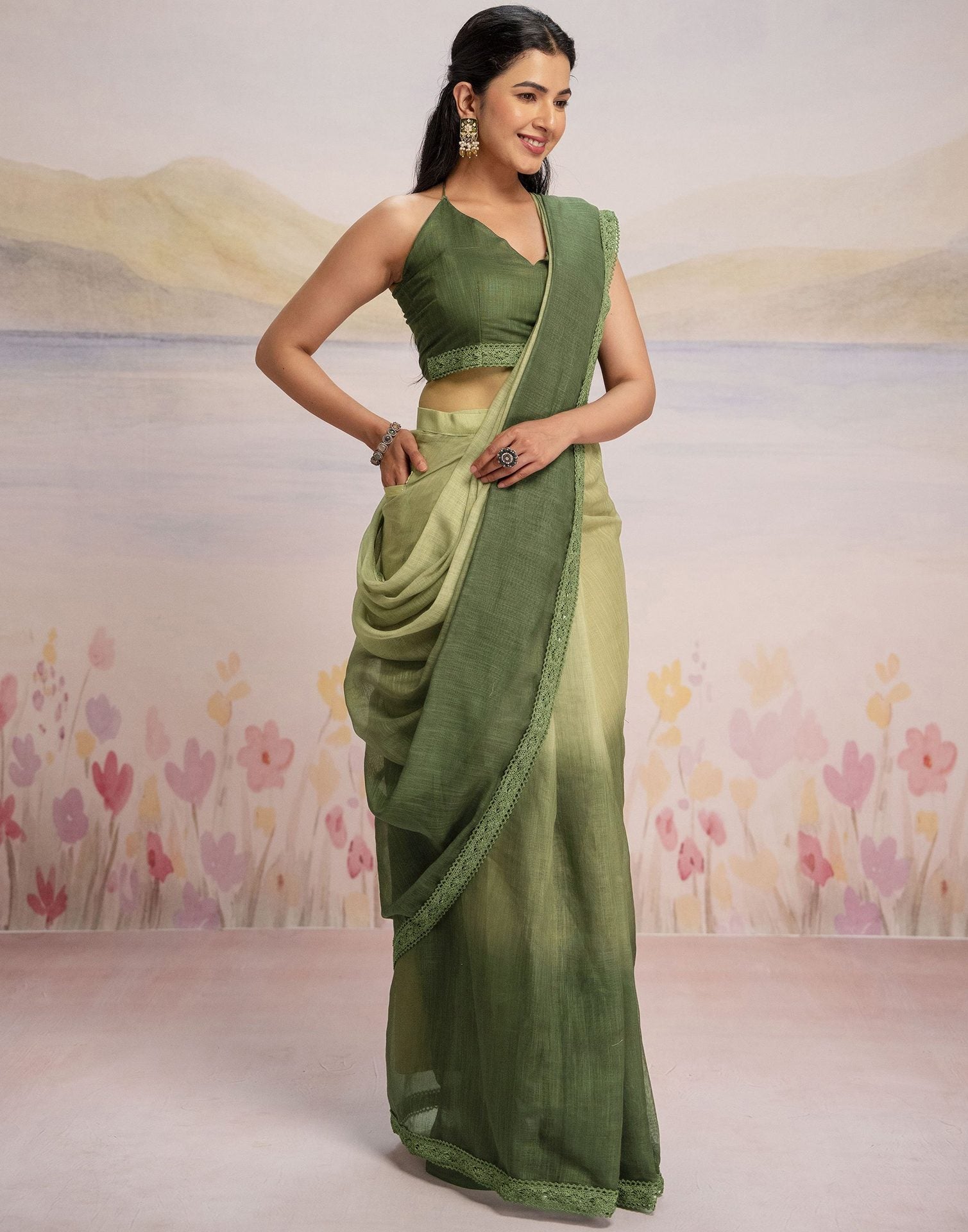 Ready To Wear Dark Green Linen Ombre Lace Saree With Pocket