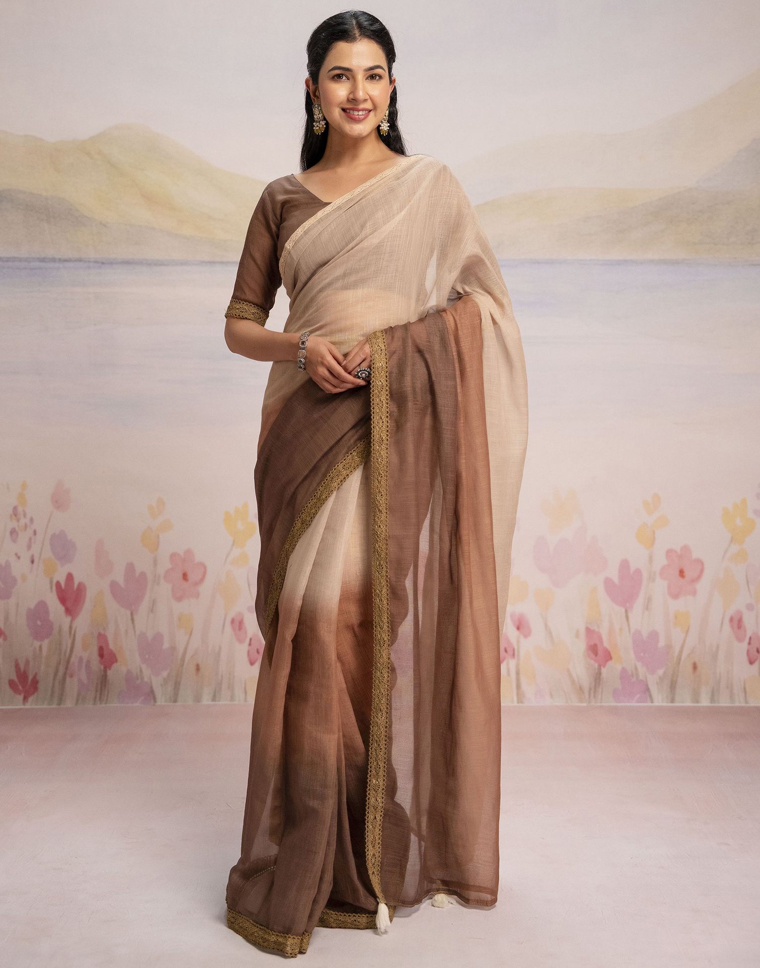 Ready To Wear Brown Linen Ombre Lace Saree With Pocket