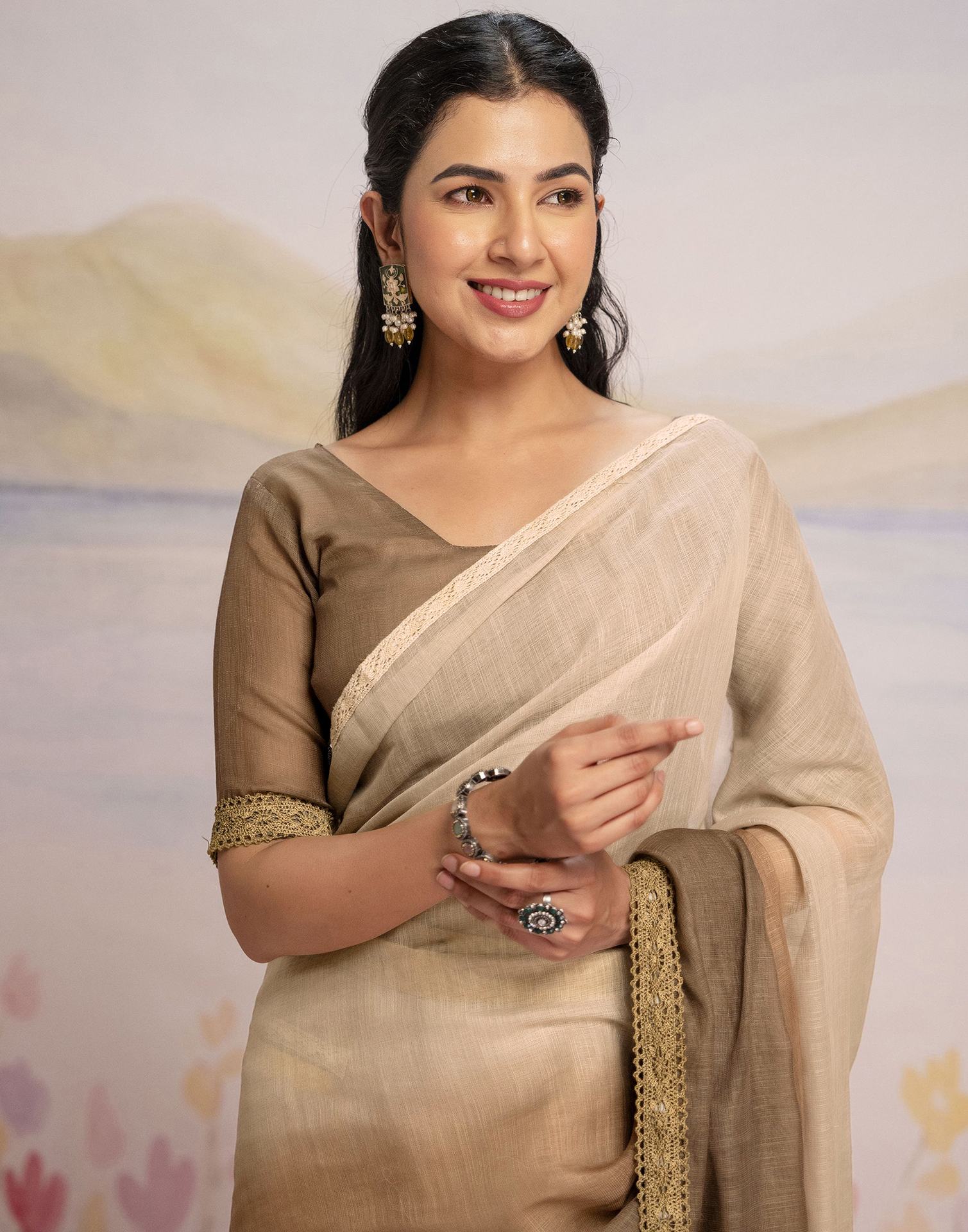 Ready To Wear Brown Linen Ombre Lace Saree With Pocket