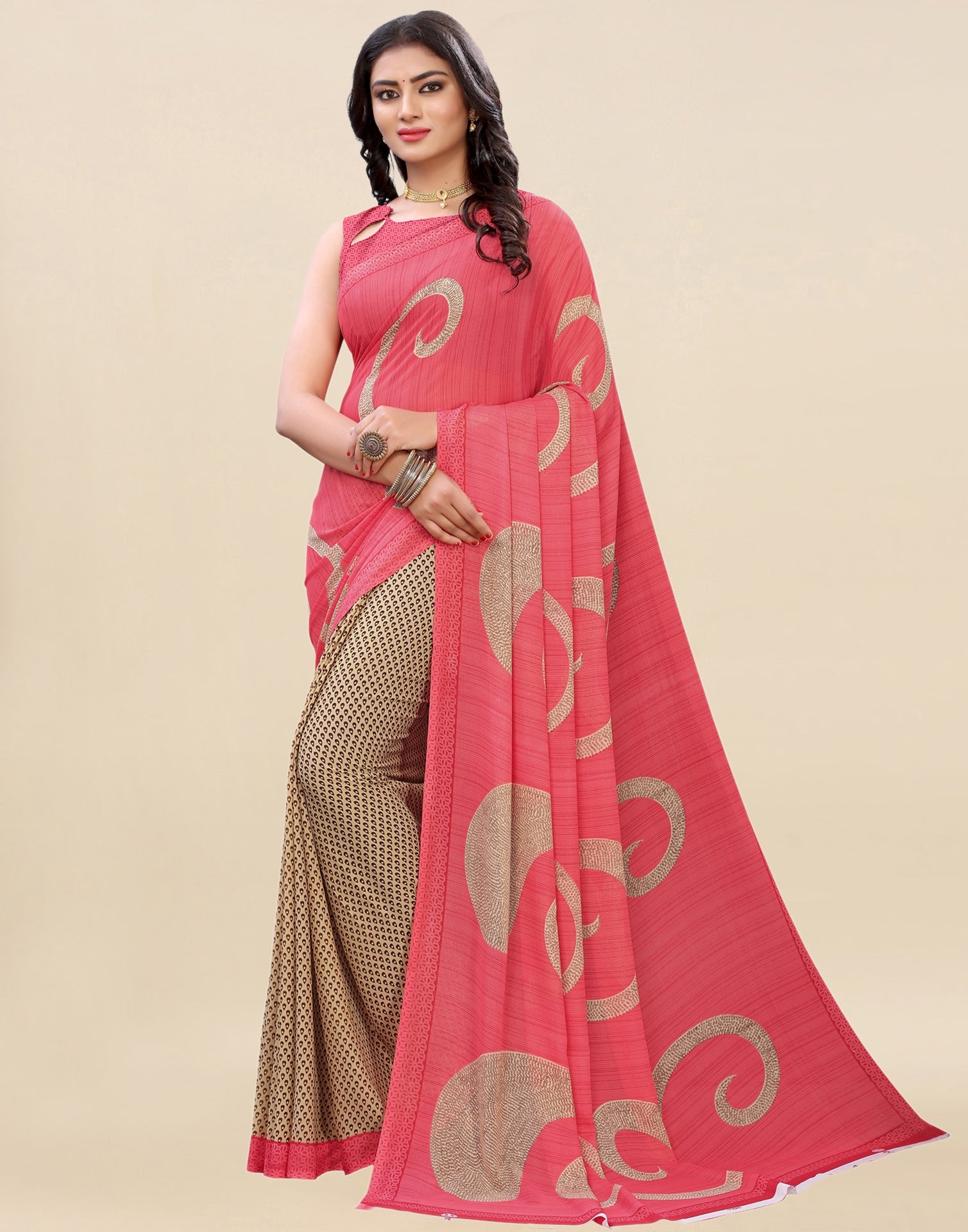 Peach Printed Saree | Sudathi
