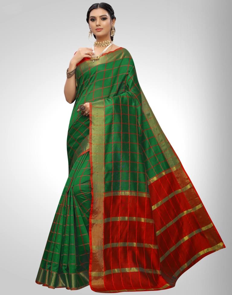 Green Coloured Chanderi Woven Checks Casual saree | Sudathi
