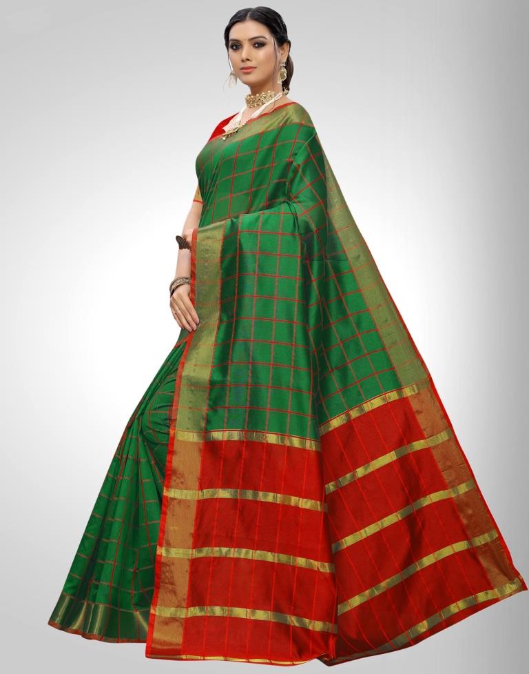 Green Coloured Chanderi Woven Checks Casual saree | Sudathi