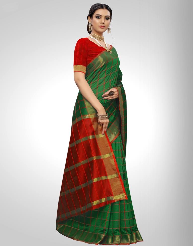 Green Coloured Chanderi Woven Checks Casual saree | Sudathi