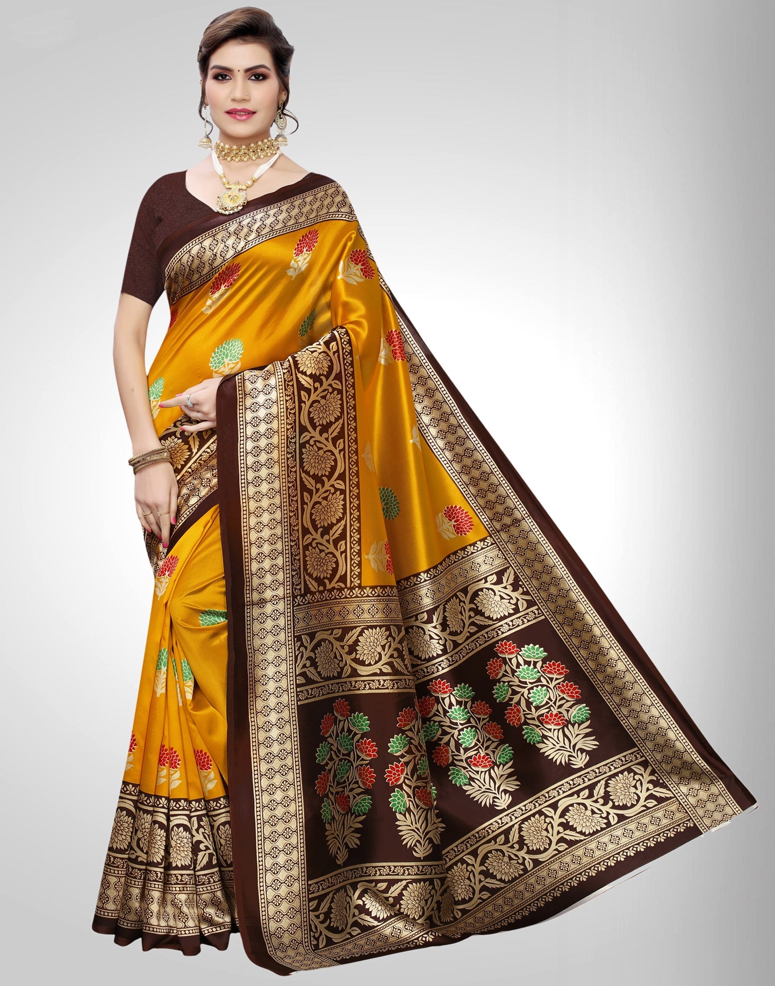 Mustard Yellow Coloured Poly Silk Printed Partywear saree | Sudathi