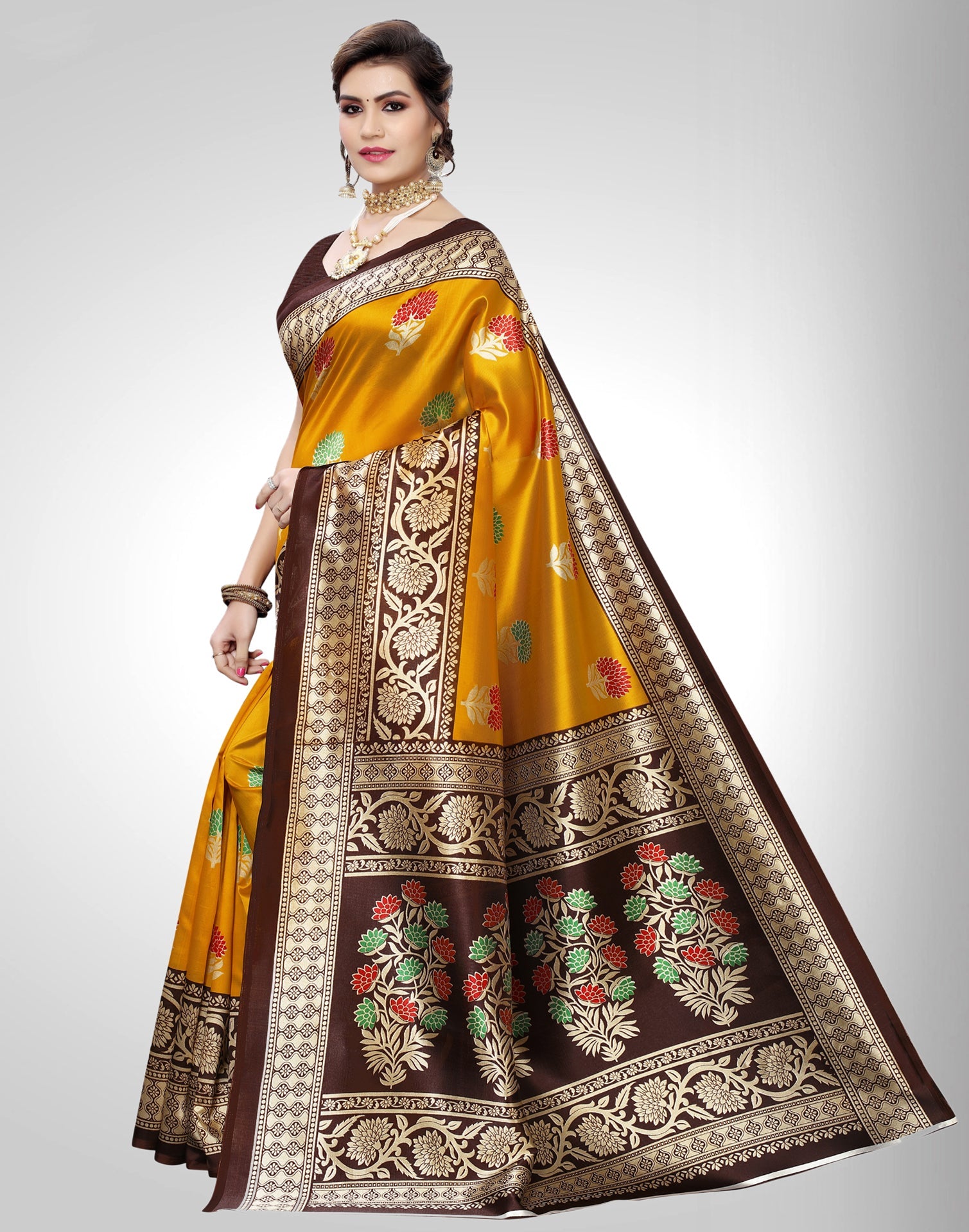 Mustard Yellow Coloured Poly Silk Printed Partywear saree | Sudathi