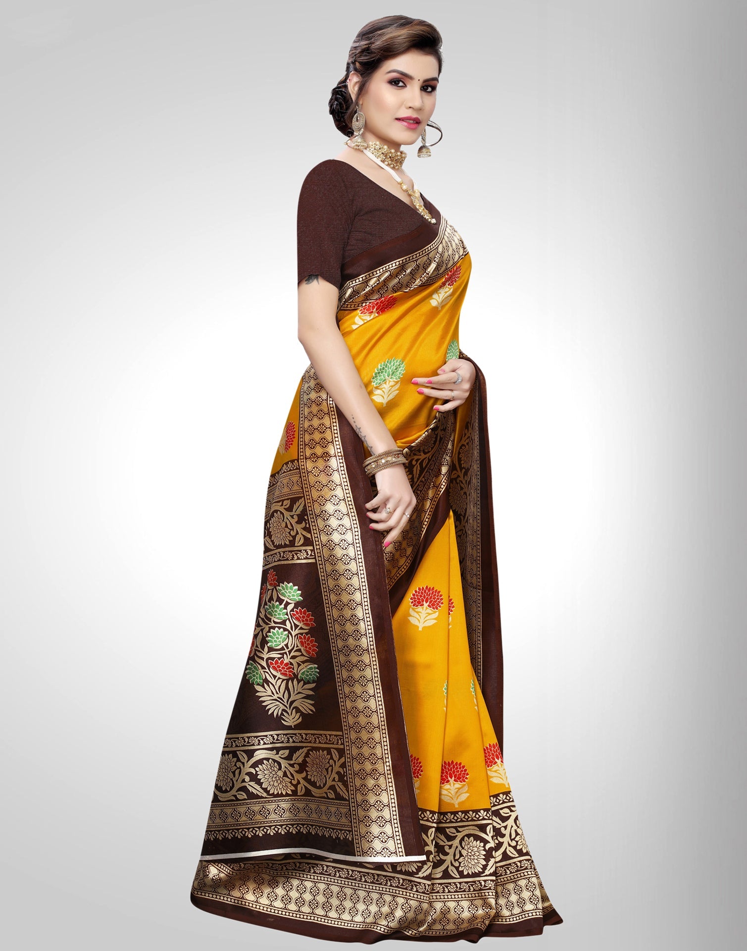 Mustard Yellow Coloured Poly Silk Printed Partywear saree | Sudathi