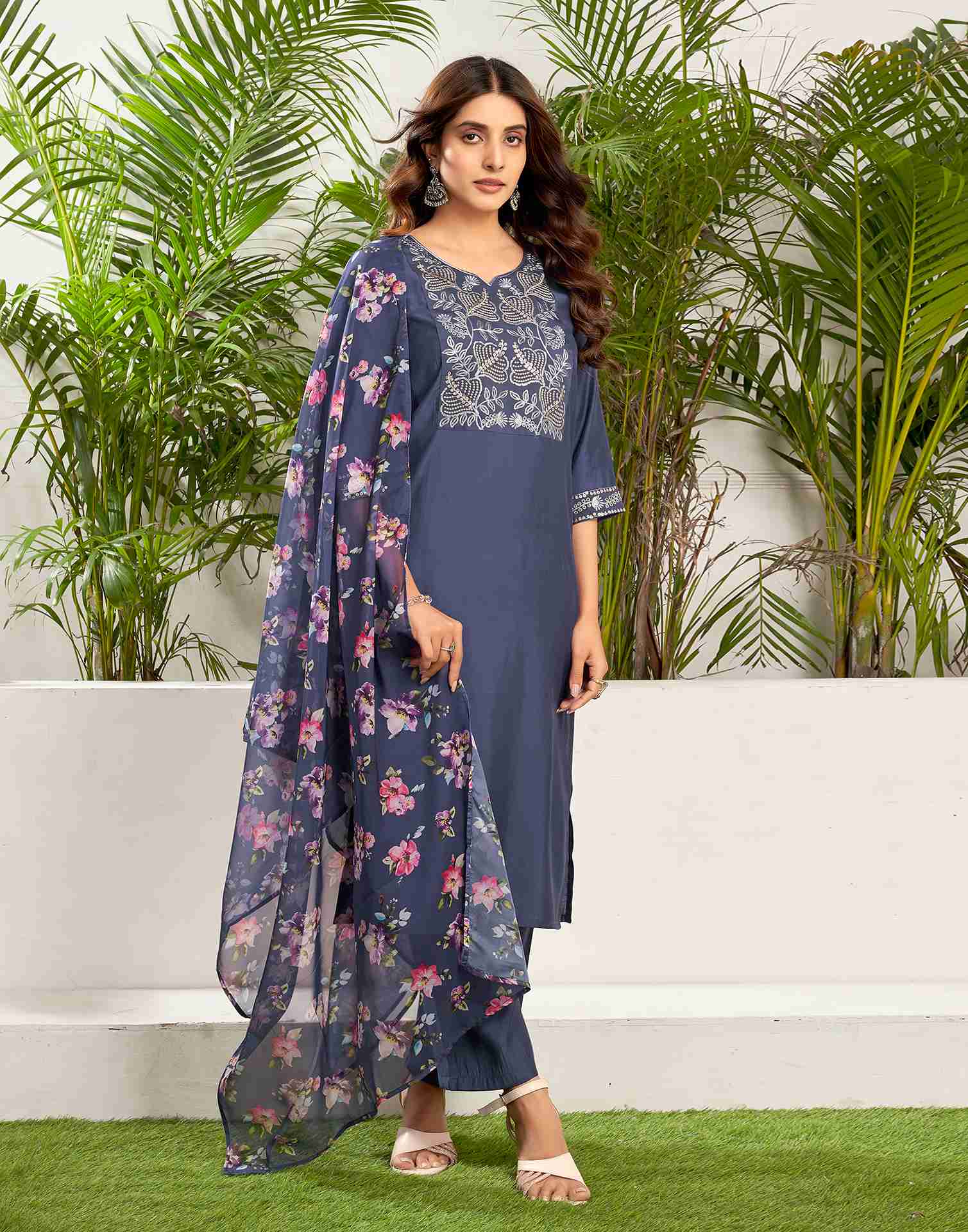 Ultra Violet Silk Embroidery Straight Kurta Set With Dupatta