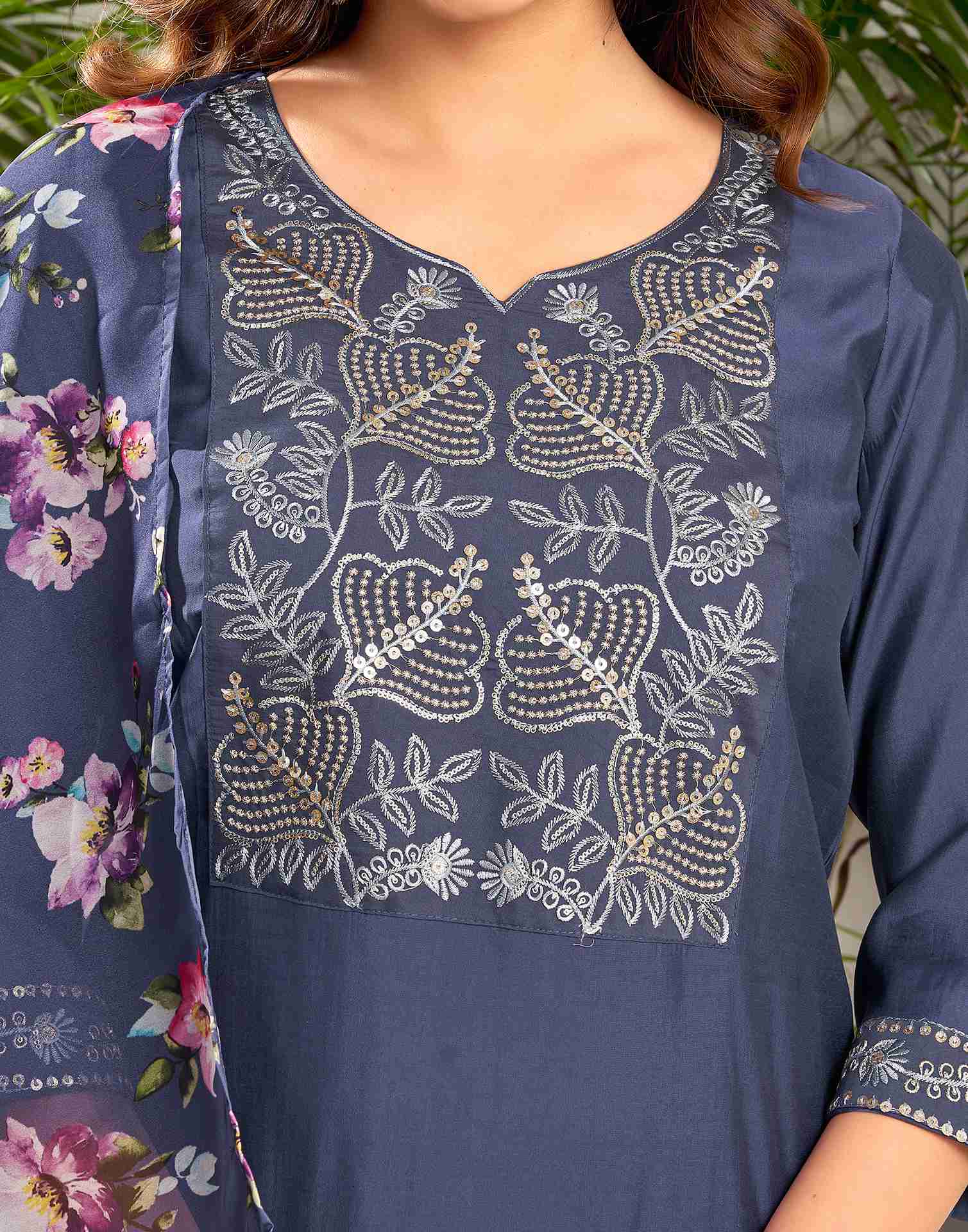 Ultra Violet Silk Embroidery Straight Kurta Set With Dupatta