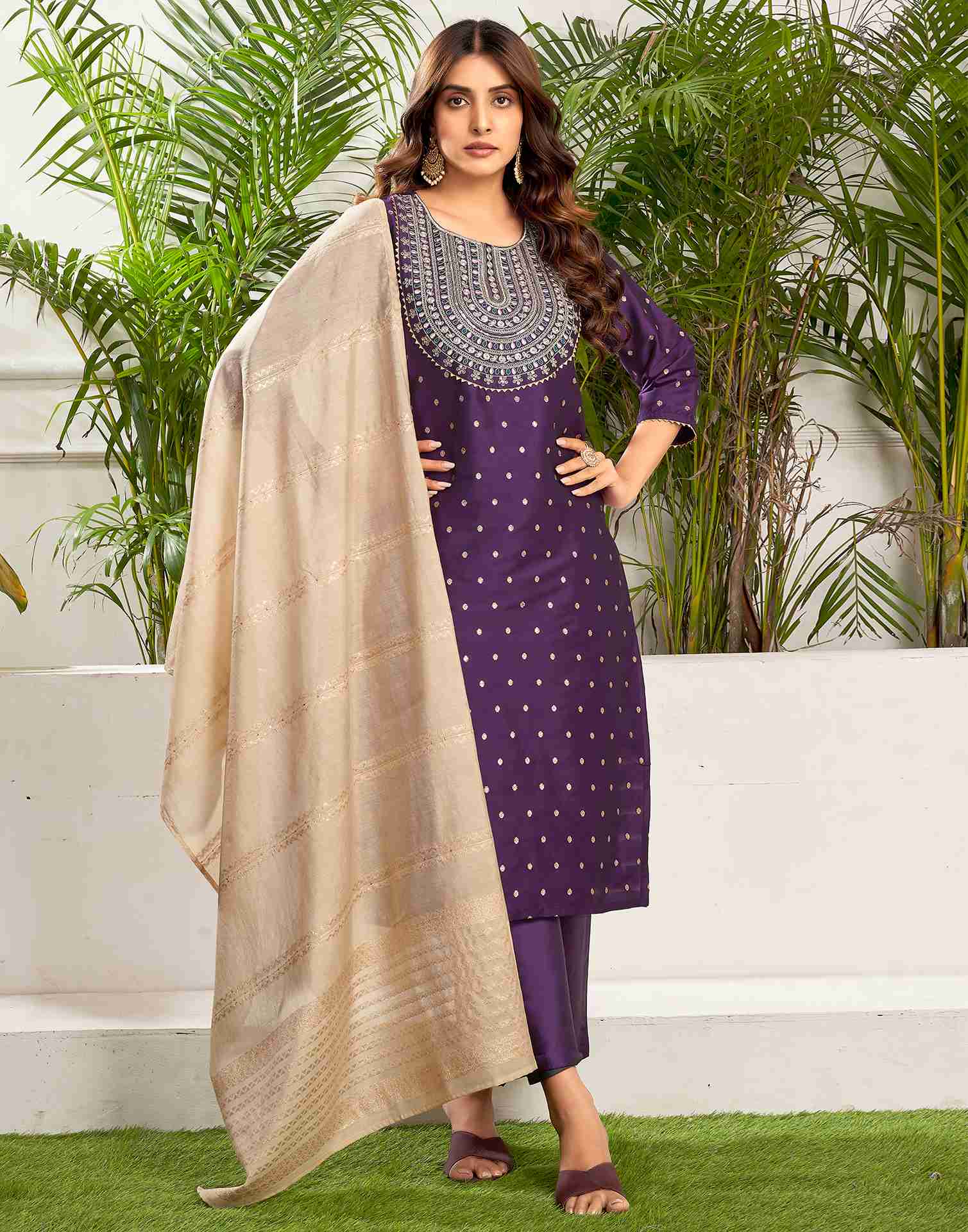 Deep Purple Polyester Embroidery Straight Kurta Set With Dupatta