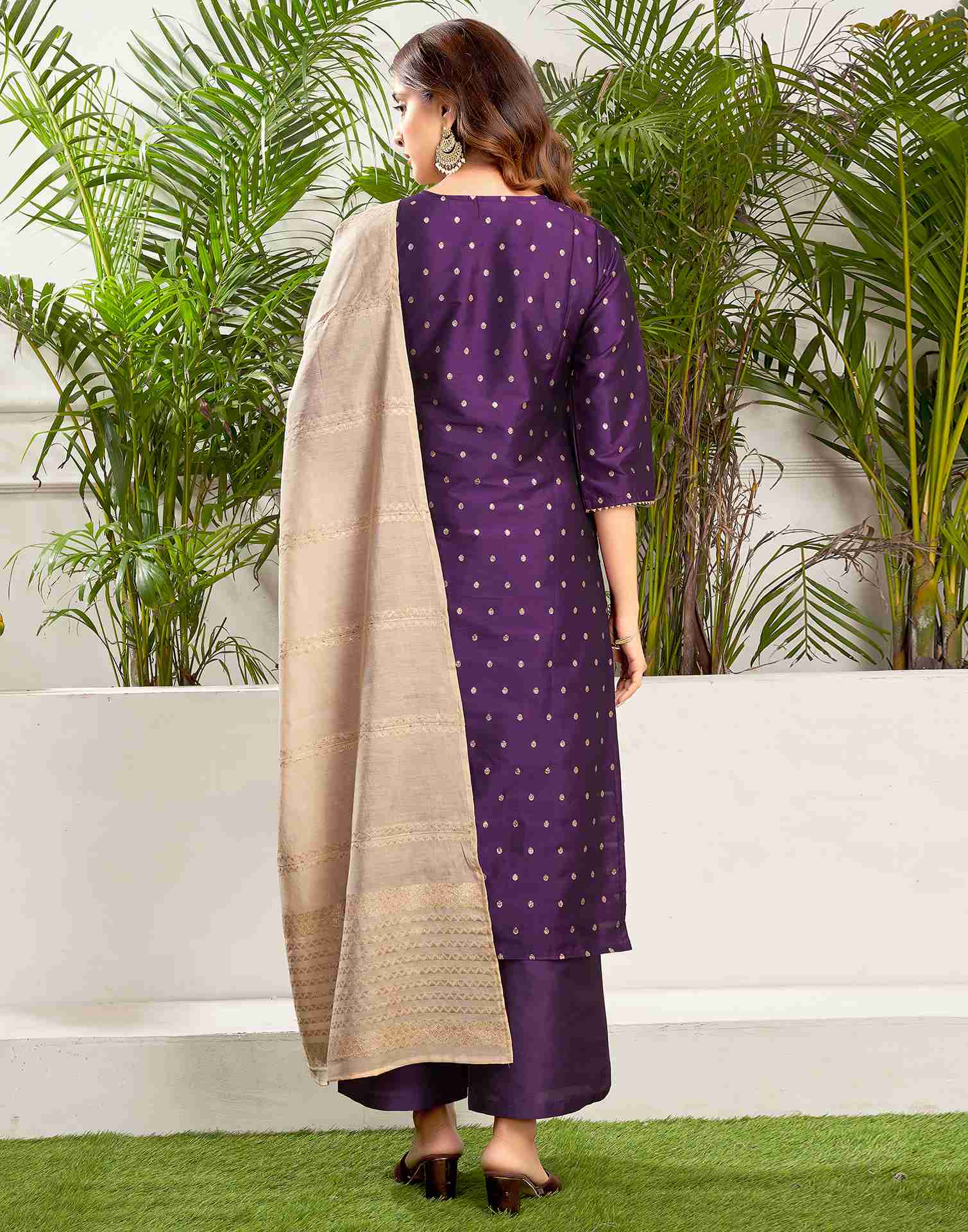 Deep Purple Polyester Embroidery Straight Kurta Set With Dupatta