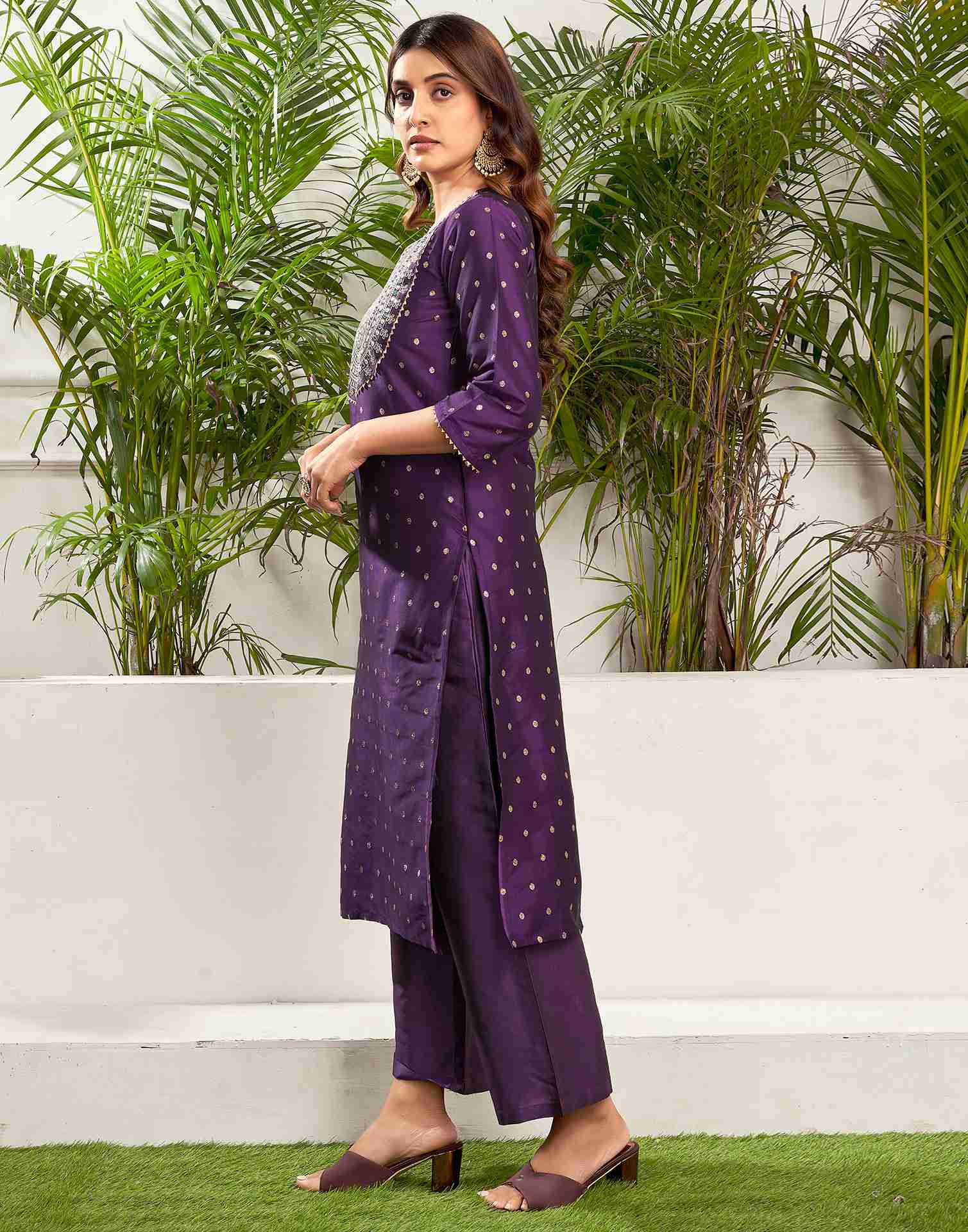 Deep Purple Polyester Embroidery Straight Kurta Set With Dupatta
