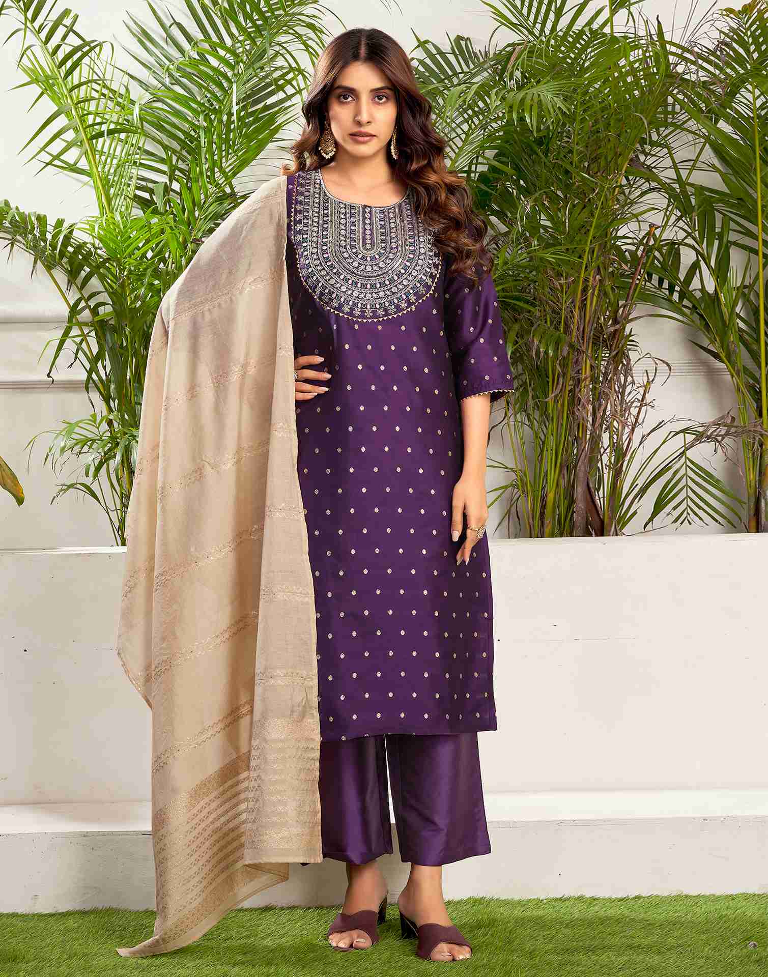 Deep Purple Polyester Embroidery Straight Kurta Set With Dupatta