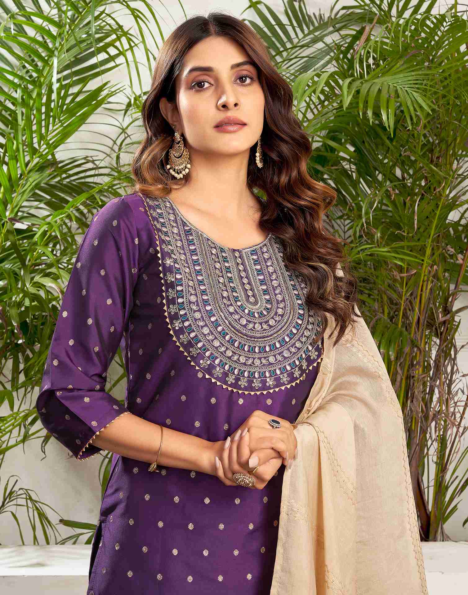 Deep Purple Polyester Embroidery Straight Kurta Set With Dupatta