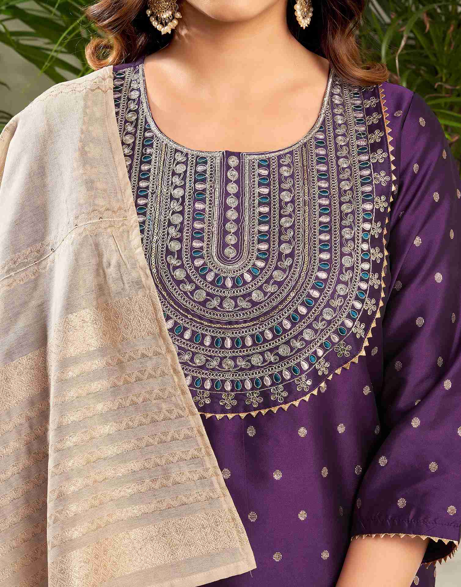 Deep Purple Polyester Embroidery Straight Kurta Set With Dupatta