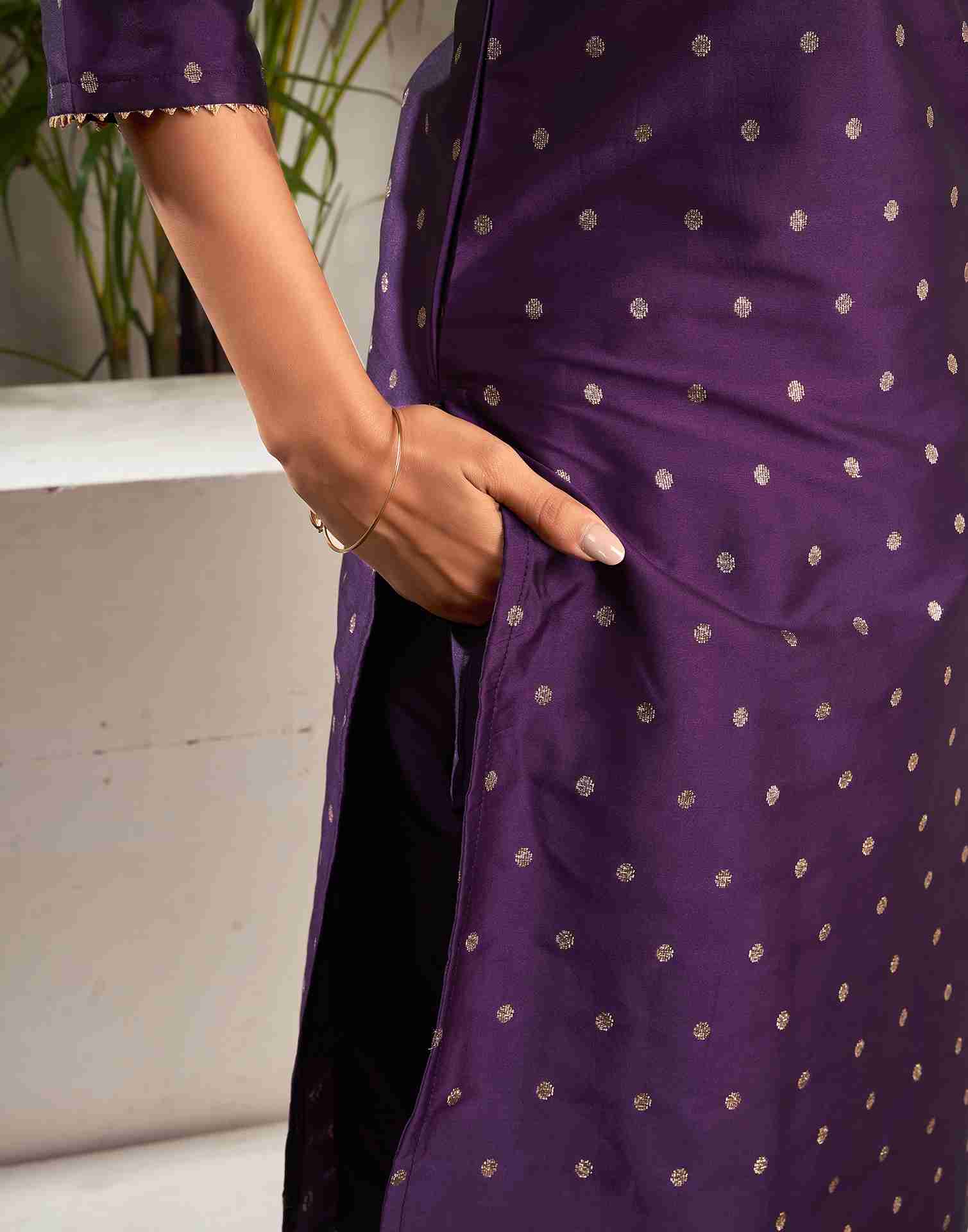 Deep Purple Polyester Embroidery Straight Kurta Set With Dupatta