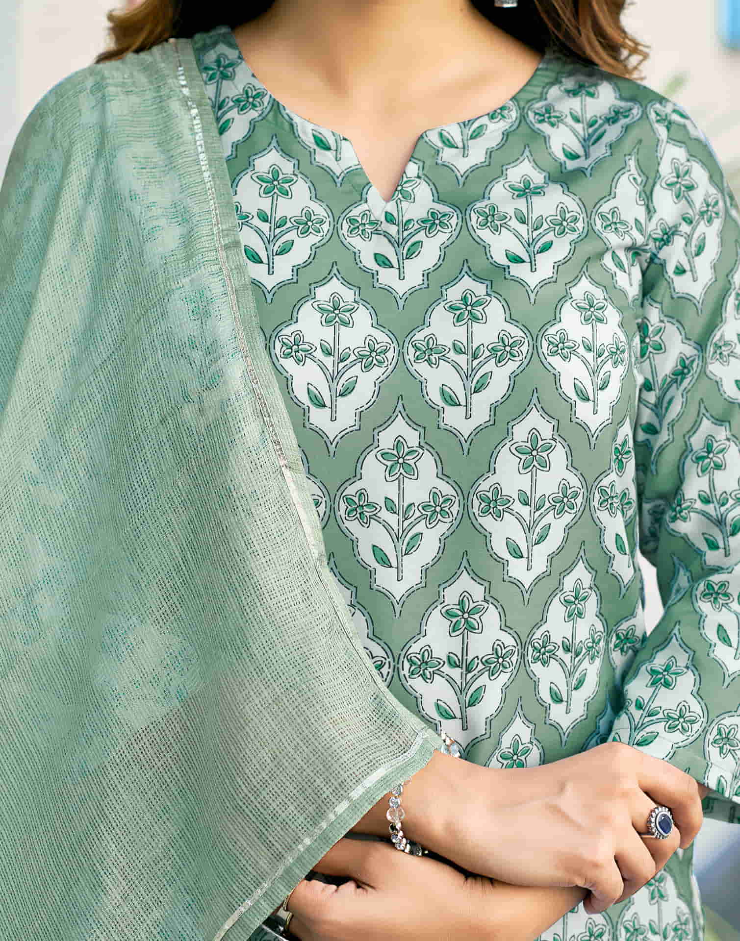 Light Dusty Green Printed Rayon Straight Kurta With Pant And Dupatta