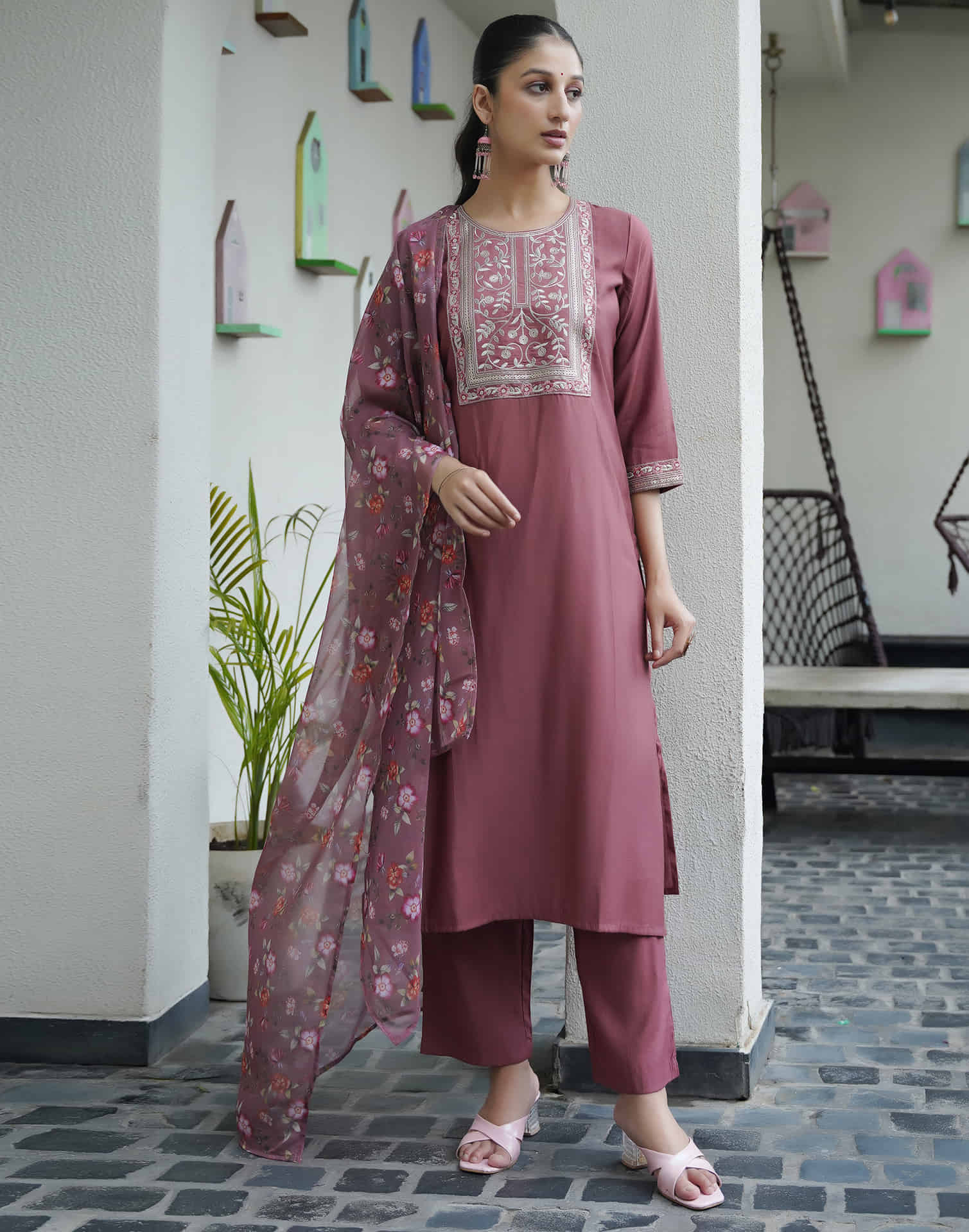 Dusty Pink Silk Sequence Straight Kurta Set with Dupatta