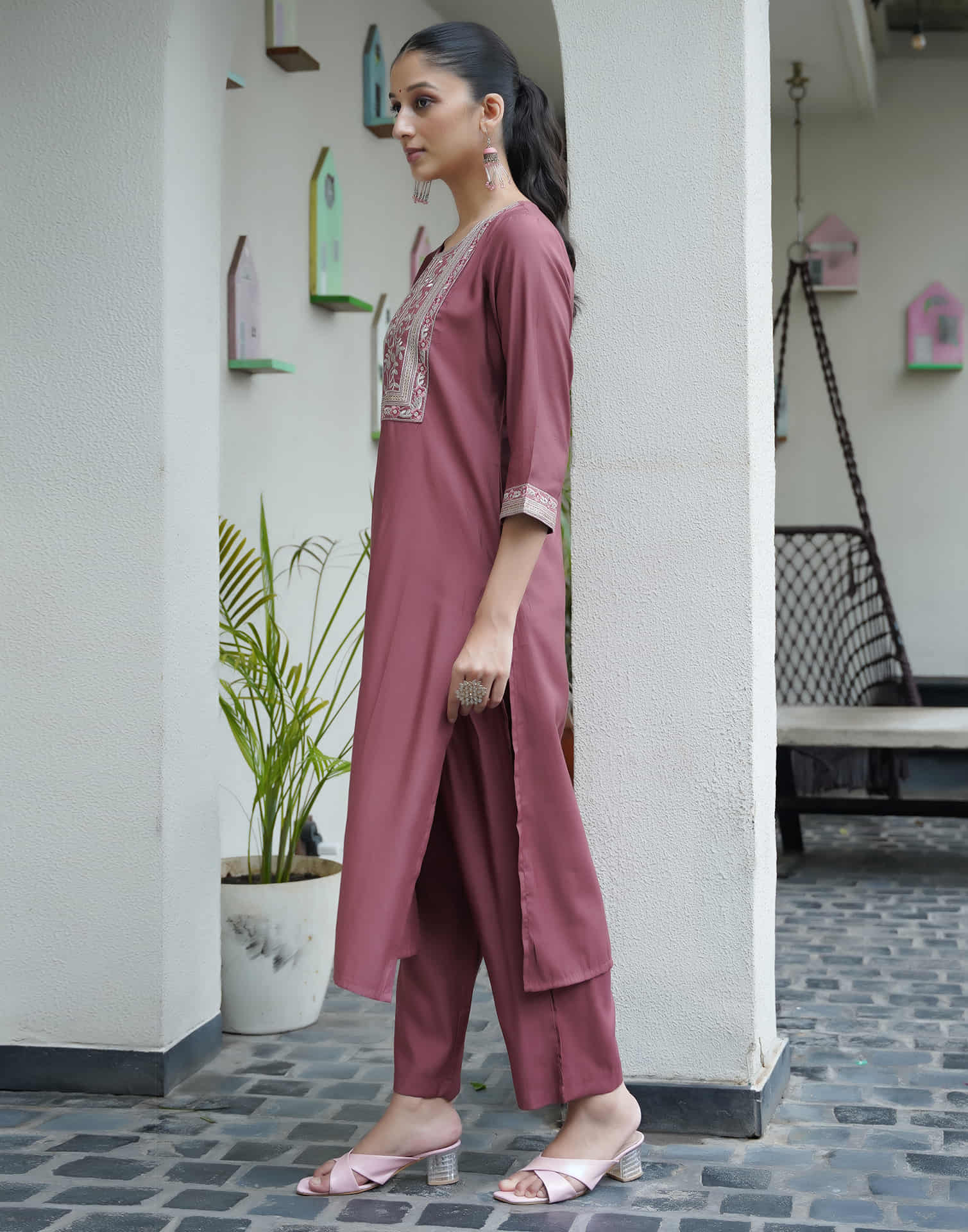Dusty Pink Silk Sequence Straight Kurta Set with Dupatta