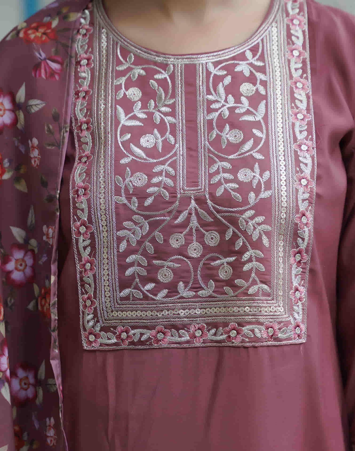 Dusty Pink Silk Sequence Straight Kurta Set with Dupatta