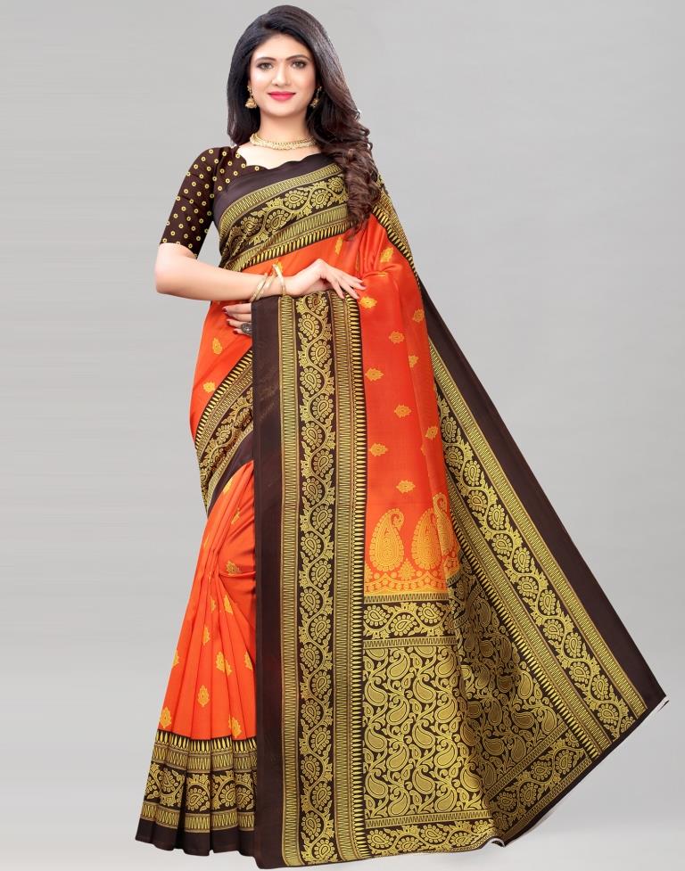 Orange Coloured Poly Silk Printed Partywear saree | Sudathi