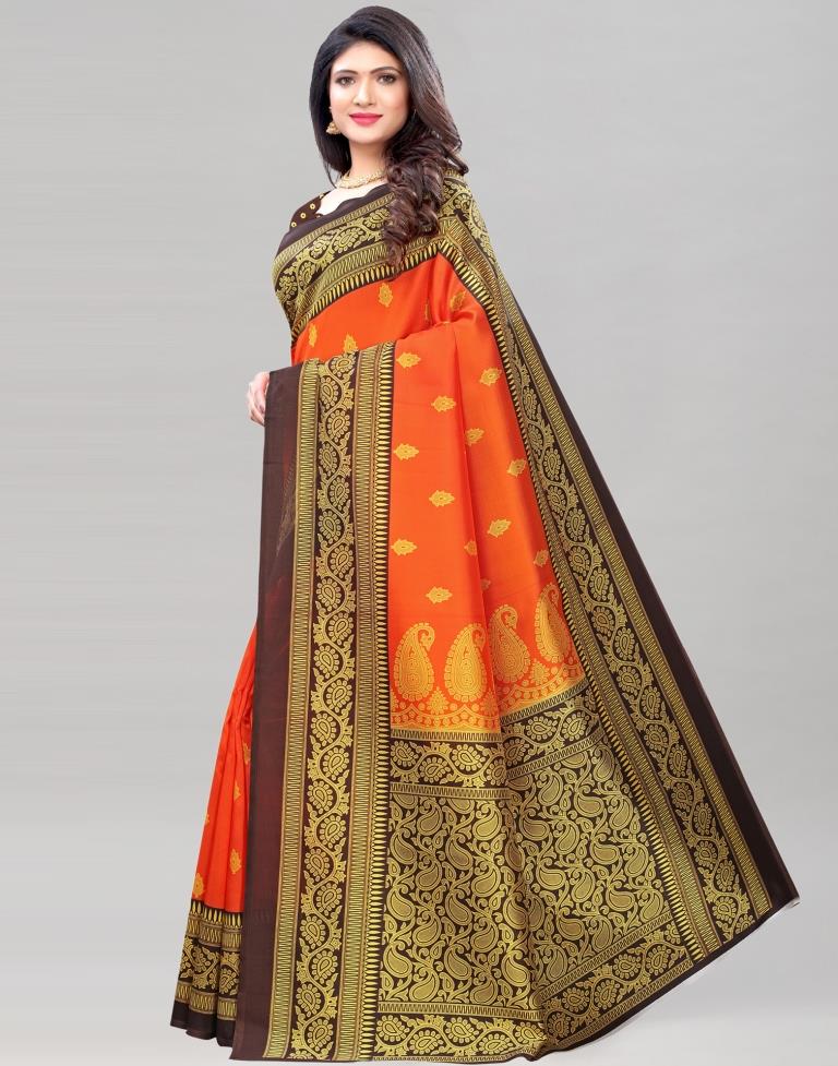 Orange Coloured Poly Silk Printed Partywear saree | Sudathi