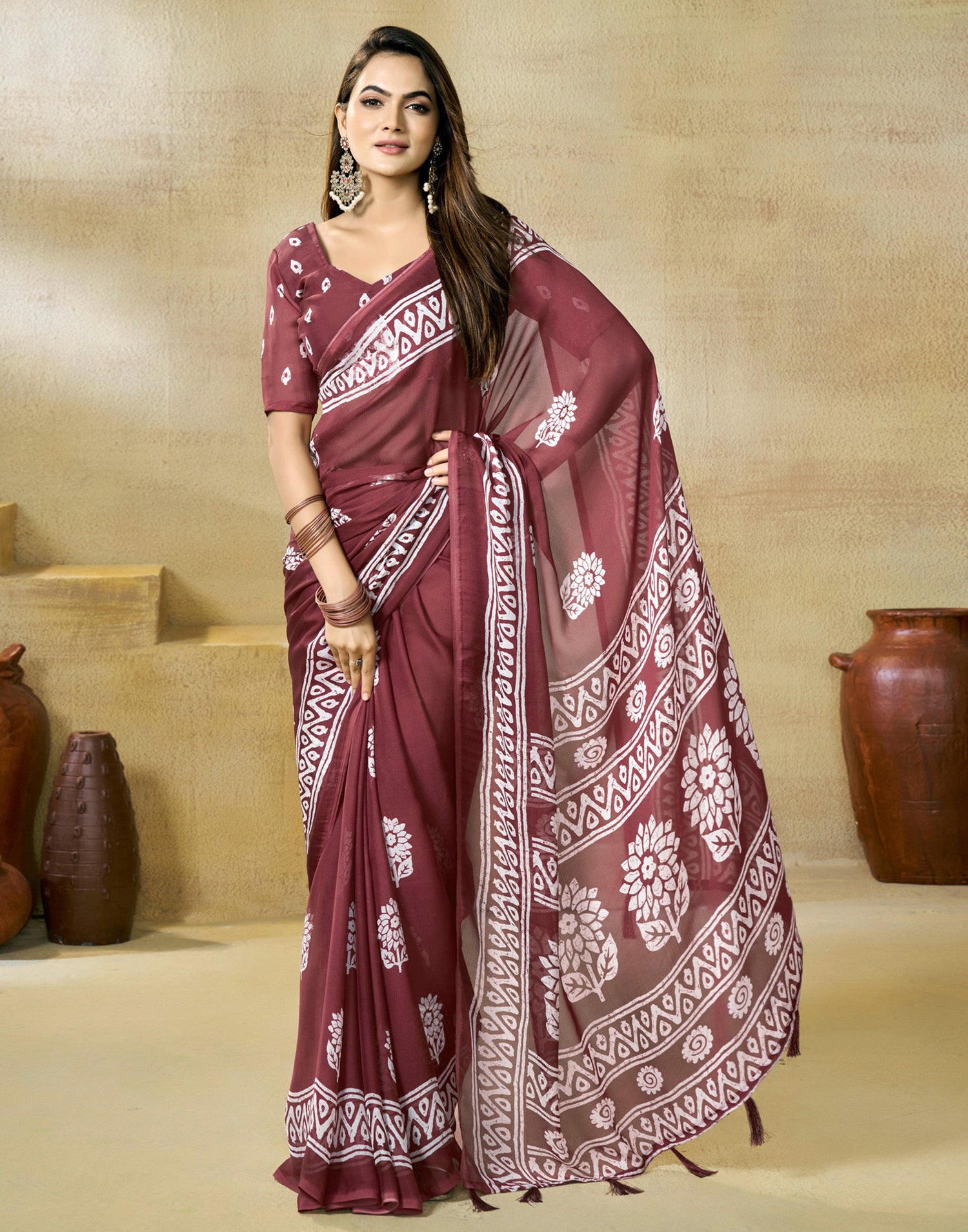 Maroon Georgette Printed Saree