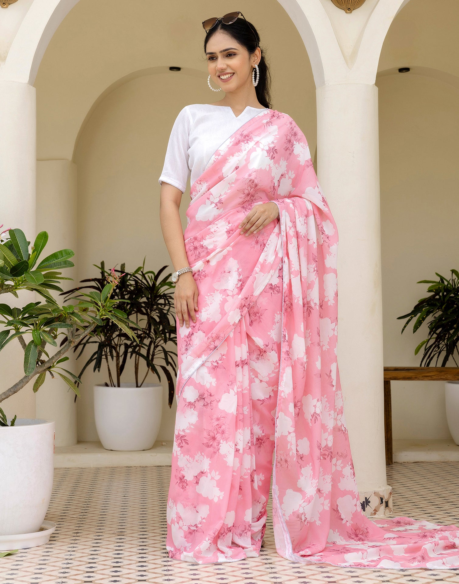 Ready To Wear White Georgette Floral Printed Saree