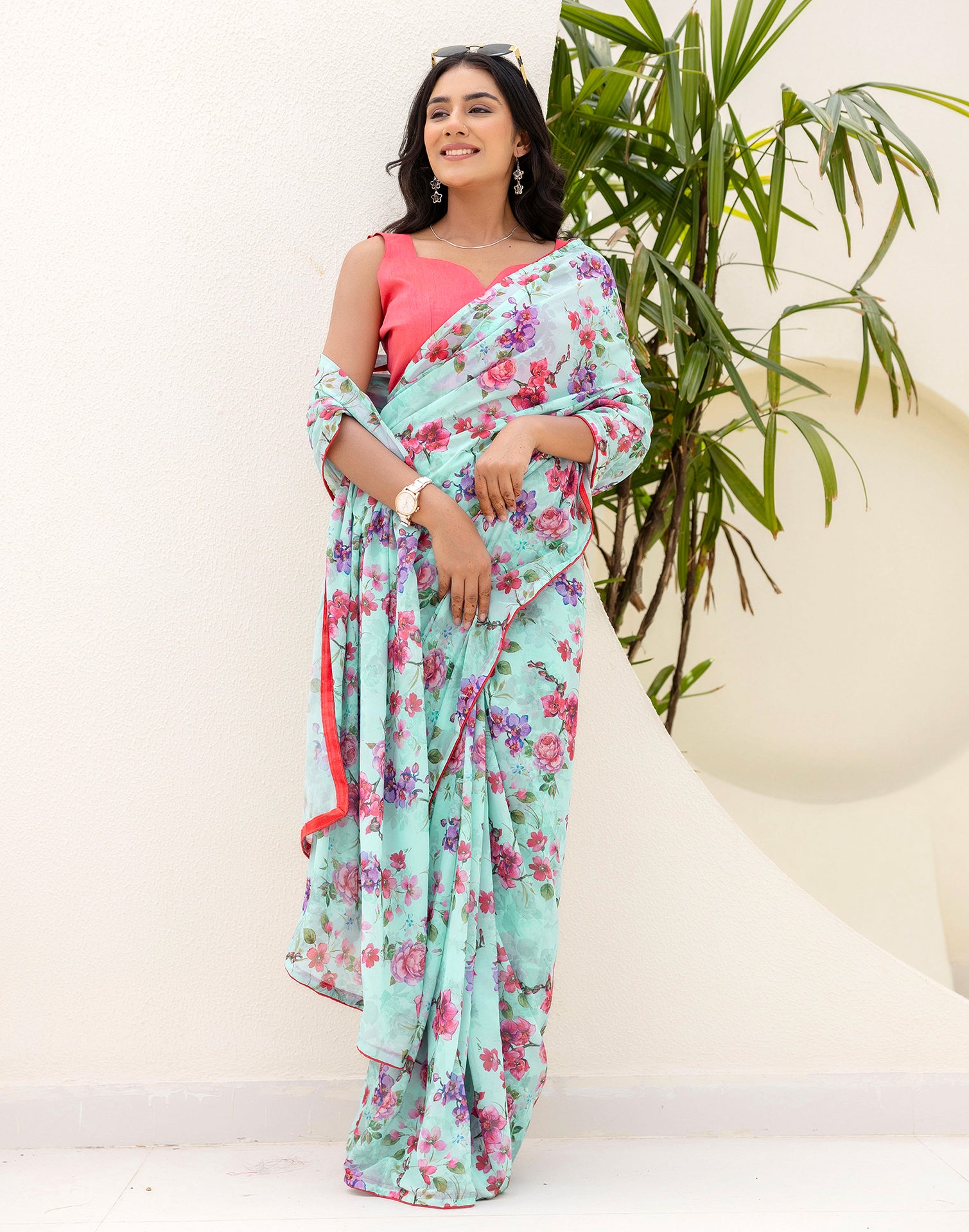 Ready To Wear Multicoloured Georgette Floral Printed Saree