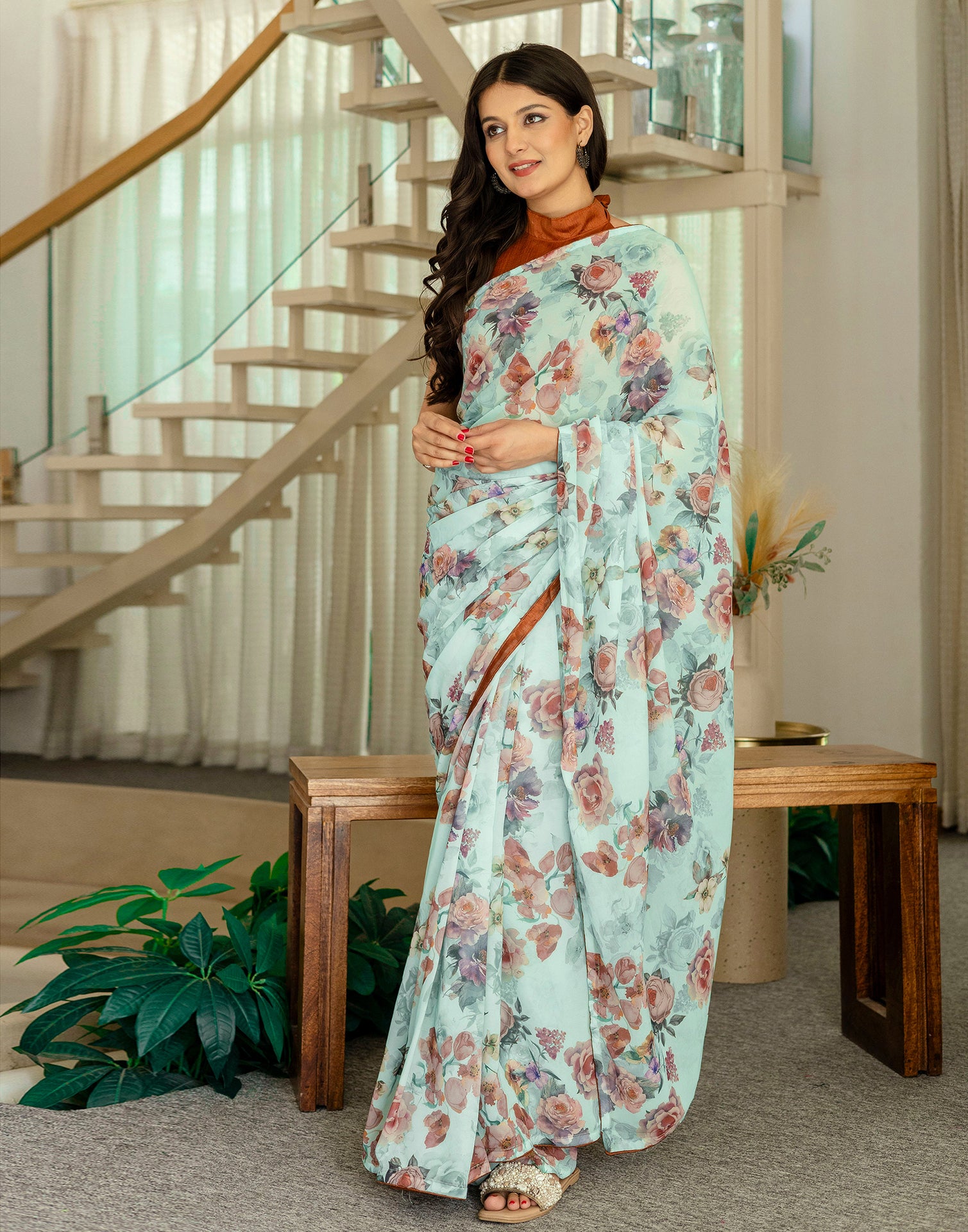 Ready To Wear Multicoloured Georgette Floral Printed Saree