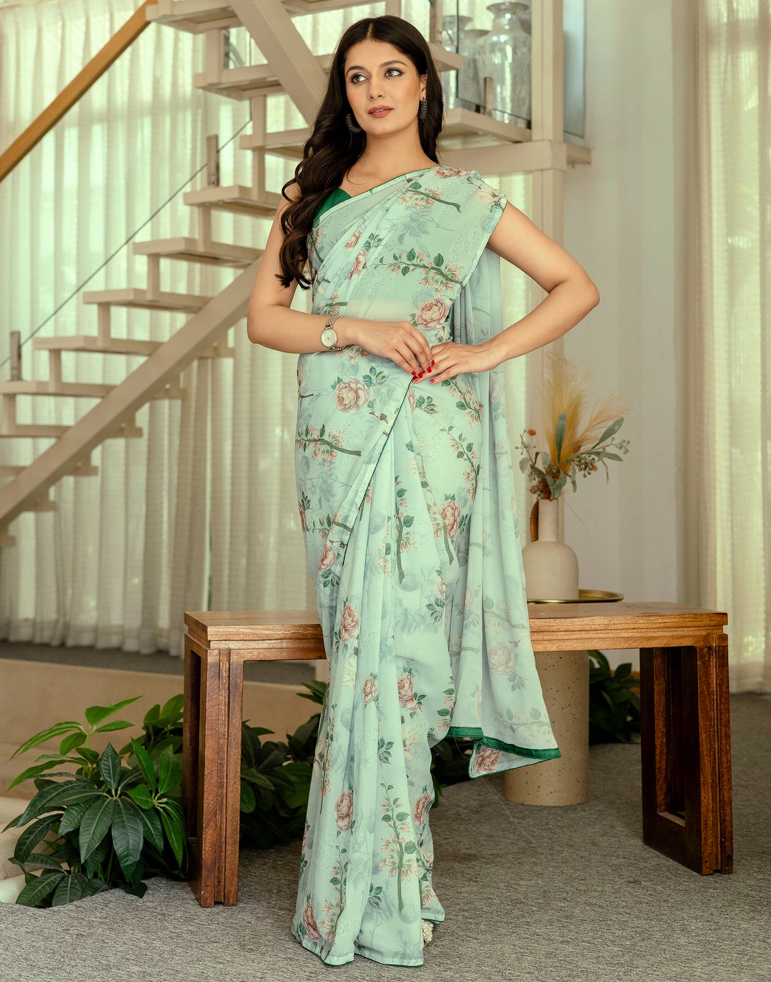 Ready To Wear Multicoloured Georgette Floral Printed Saree