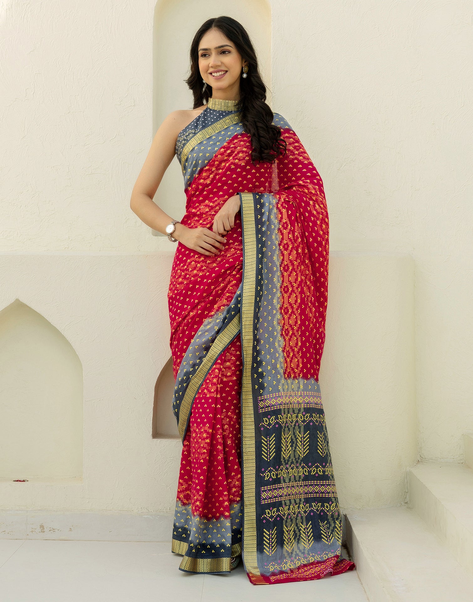 Red Cotton Printed Bandhani Saree