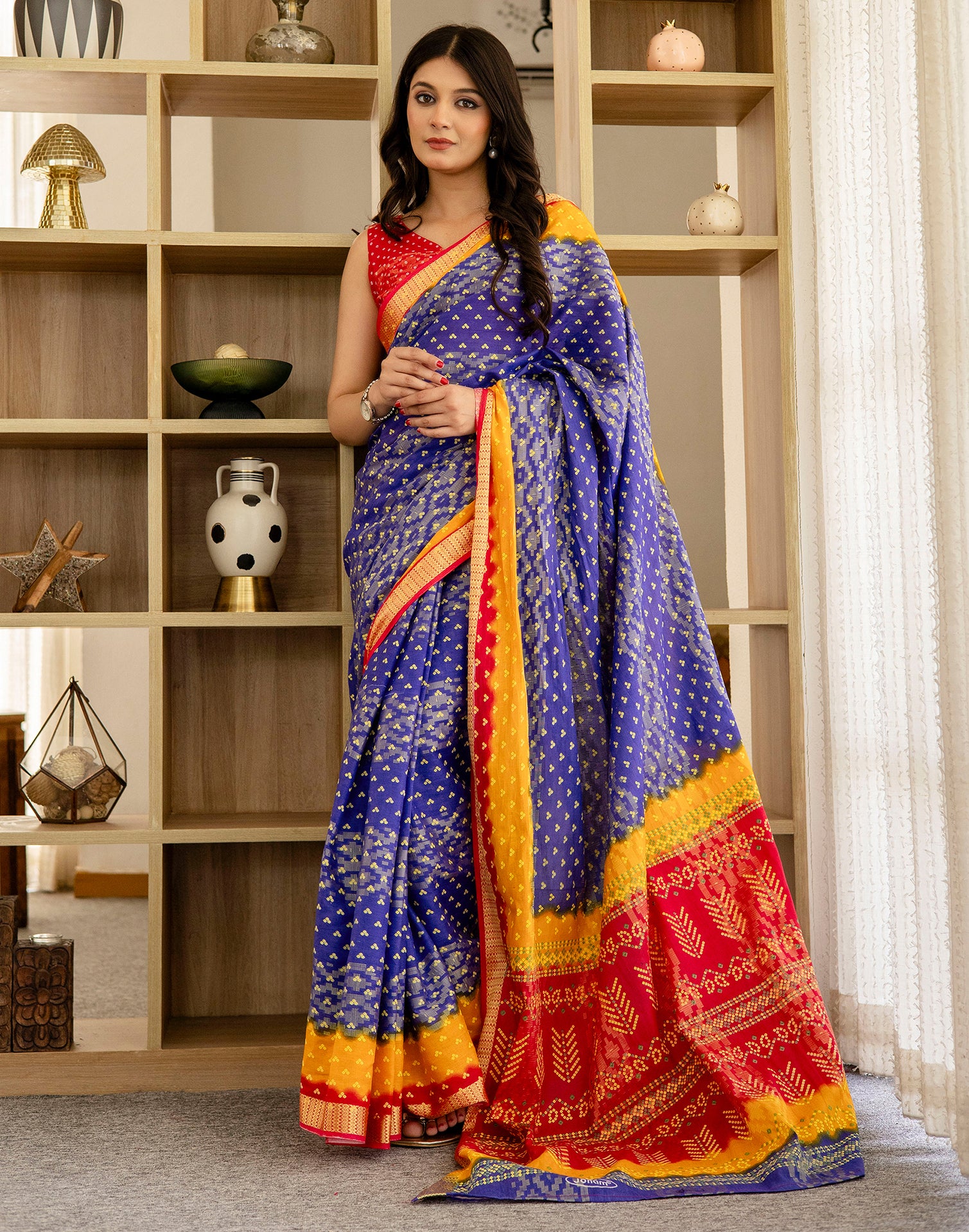 Blue Cotton Printed Bandhani Saree