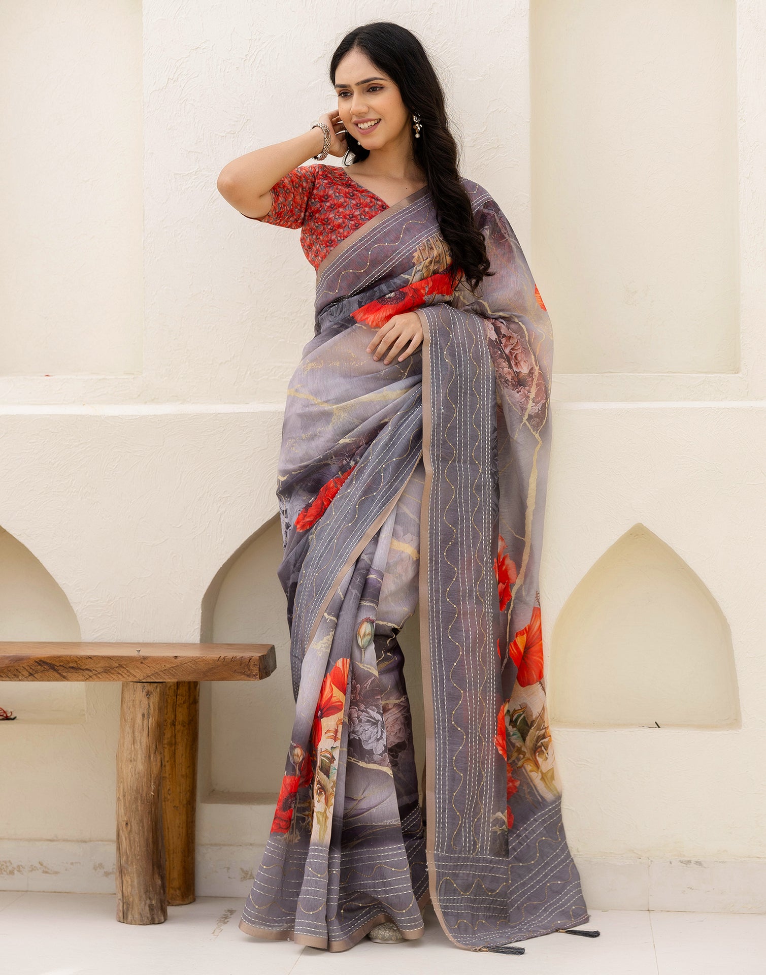 Multicoloured Cotton Embroidery Floral Printed Saree