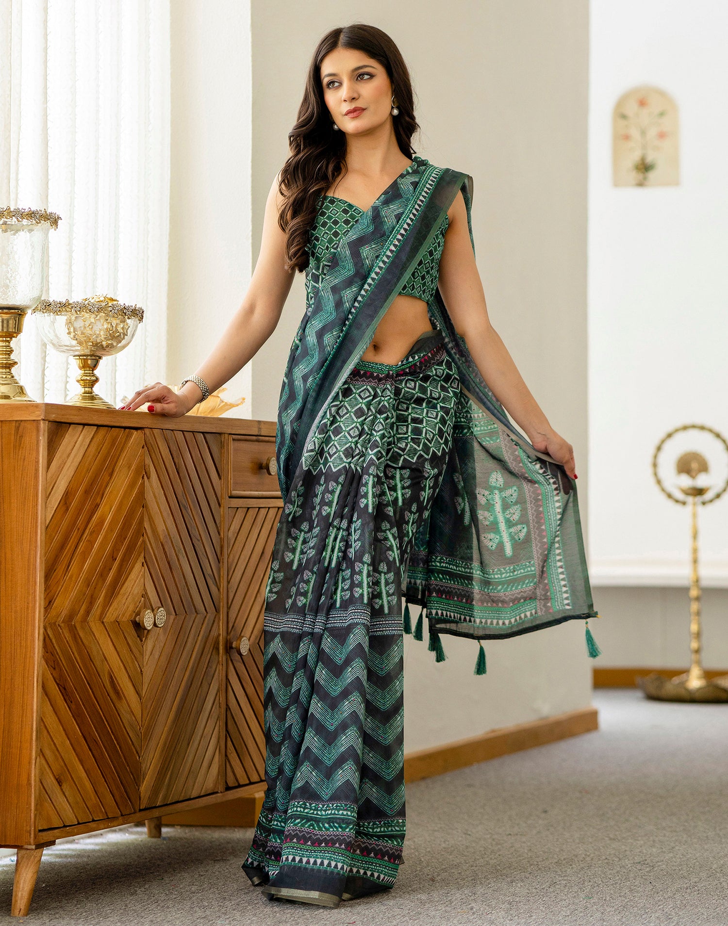 Green Cotton Printed Saree